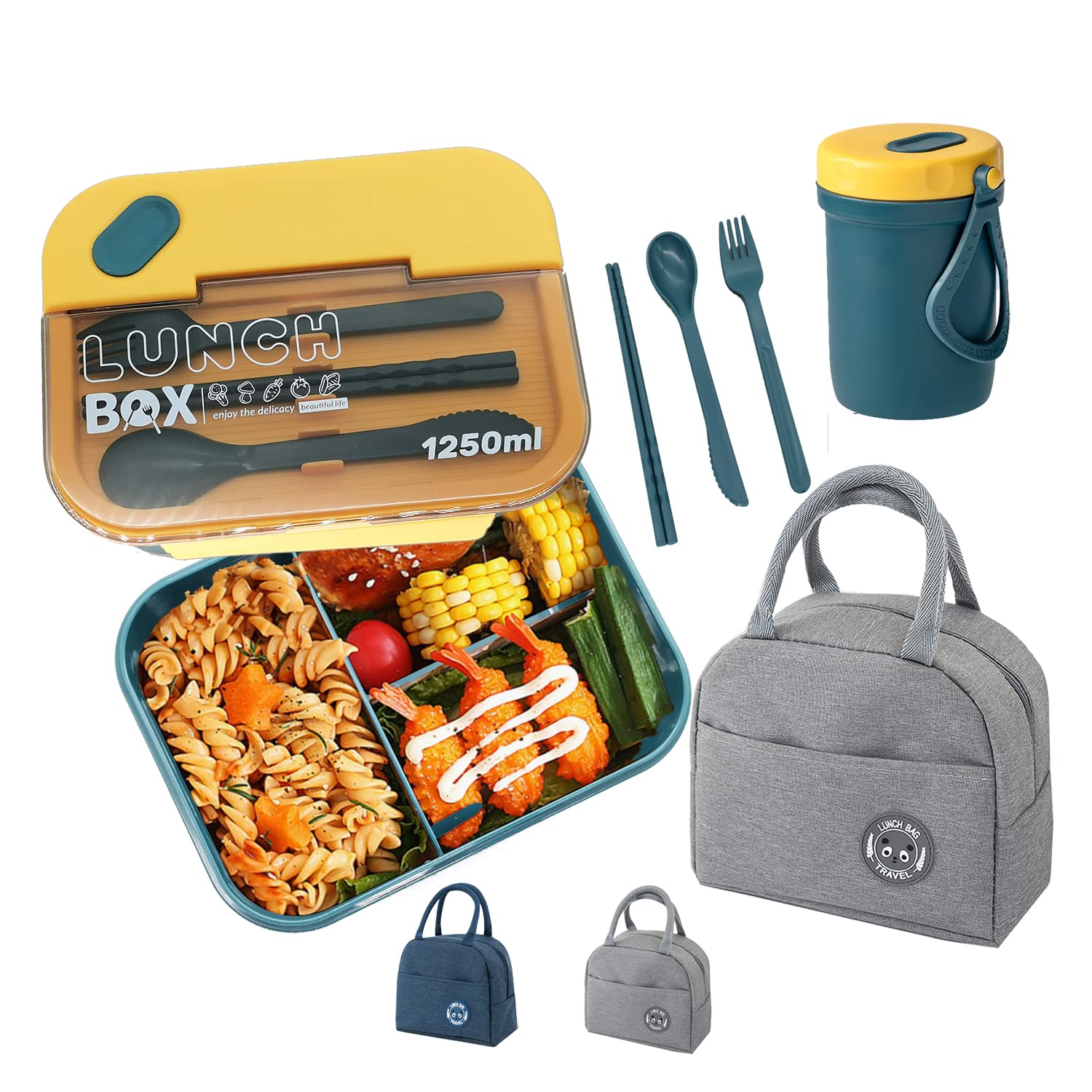 Moulaelos Bento Lunch Boxes Set with Cutlery, Grey Lunch Bag, and Portable Water Bottle - Leakproof, 3-Compartment (1250ml) for Delicious and Convenient Lunches at Home or On-The-Go