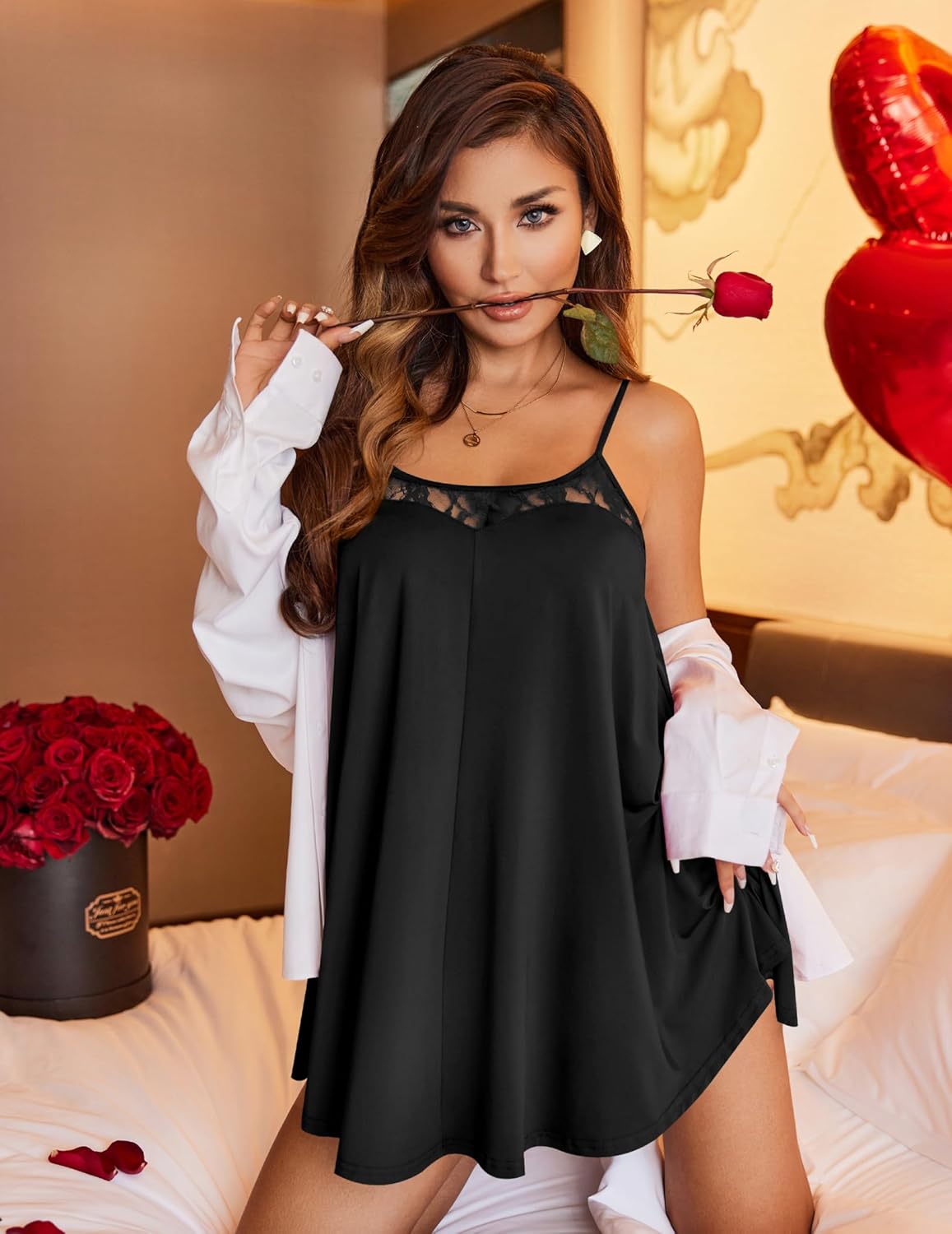 Ekouaer Nightgown Sexy Lingerie for Women Nightwear Lace Chemise Sleeveless Camisole Slip Dress Babydoll Sleepwear - Image 3