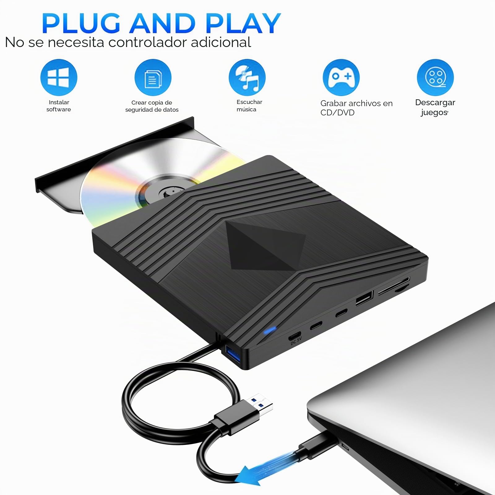 Lector CD/DVD Externo,USB 3.0 Grabadora DVD Externa con Tarjetas SD TF y 2 Puertos USB C Unidades DVD/CD -RW/ROM Externas,Lector DVD Externo para PC Portátil Laptop Windows 11/10/8.1/7 Linux MacOS