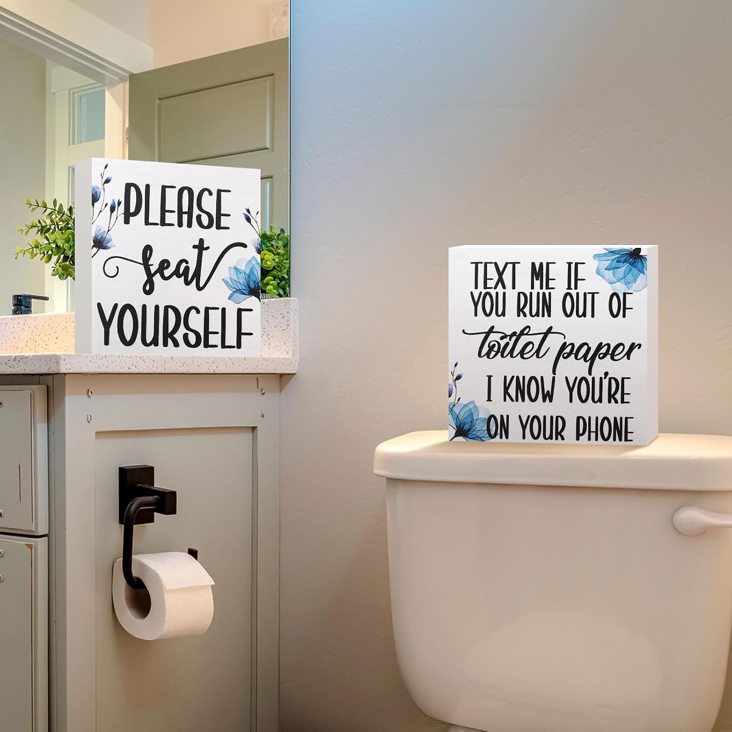 Jetec Set of 2 Farmhouse Bathroom Signs Decor Funny Rustic Wood Plaque Bathroom Wall Art Please Seat Yourself Wooden Toilet Signs for Home Restroom Shelves(Light Blue)