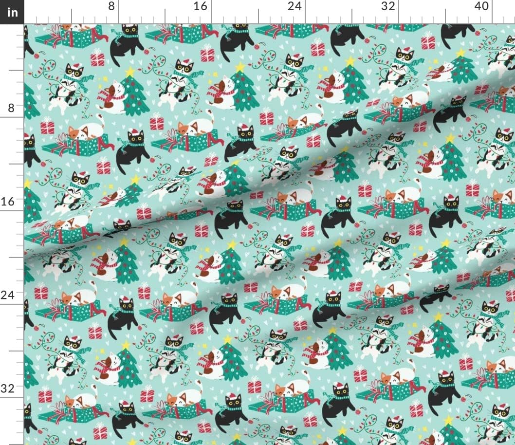 Spoonflower Fabric - Cute Christmas Cats Turquoise Christmas Cat Kitty Kitties Xmas Printed on Petal Signature Cotton Fabric by The Yard - Sewing Quilting Apparel Crafts Decor