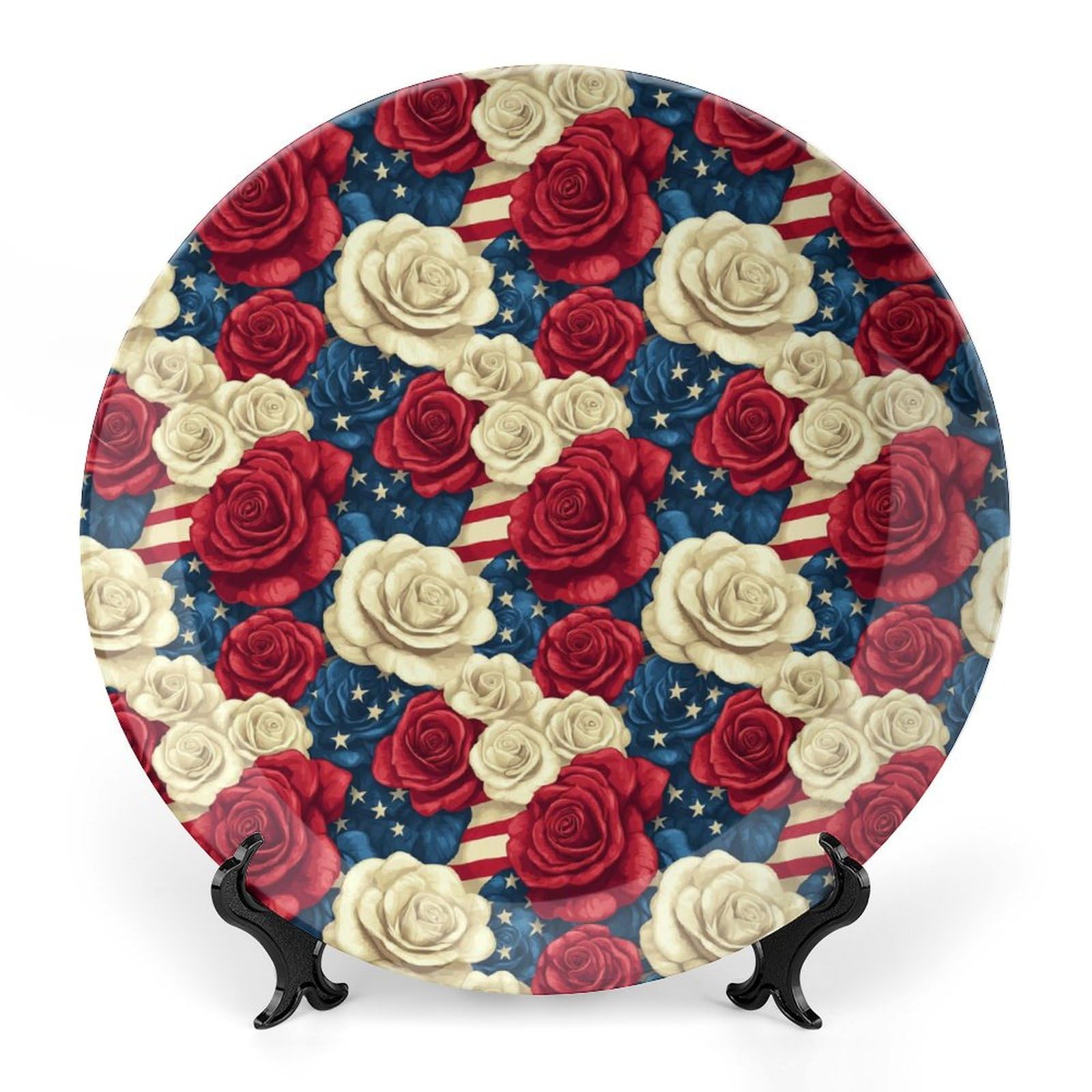 DULAHR American Flag Rose Bone China Decorative Plate Ceramic Decorative Plate Home Wall Decor with Vertical Stand Decorative Plates