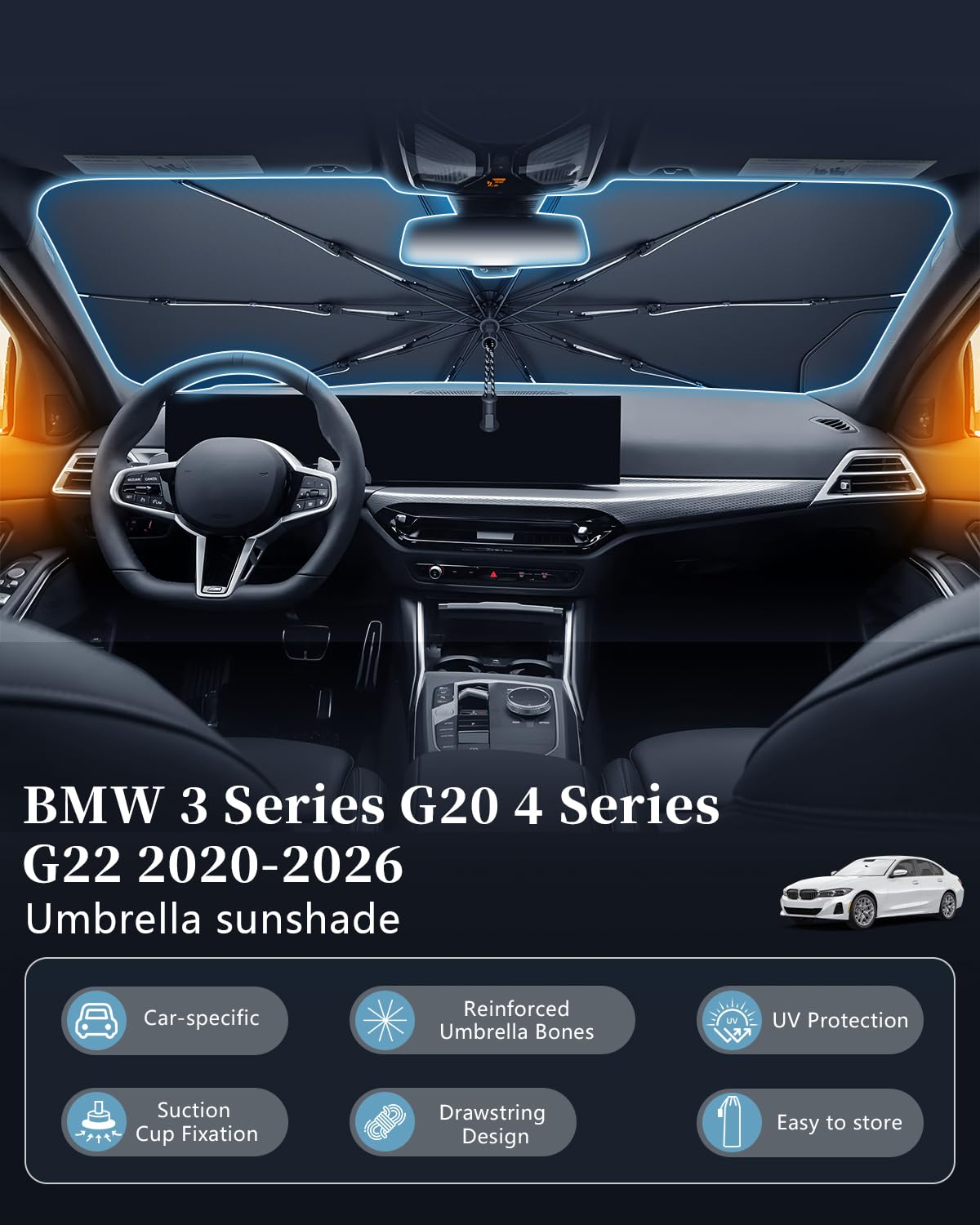 SKTU Parasole Parabrezza per BMW 3 Series G20 4 Series G22 2020-2026 Cordino Design Pieghevole Parasole Protezione UV Protezione per BMW 3 4 Series Accessori Scheletro in fibra di carbonio