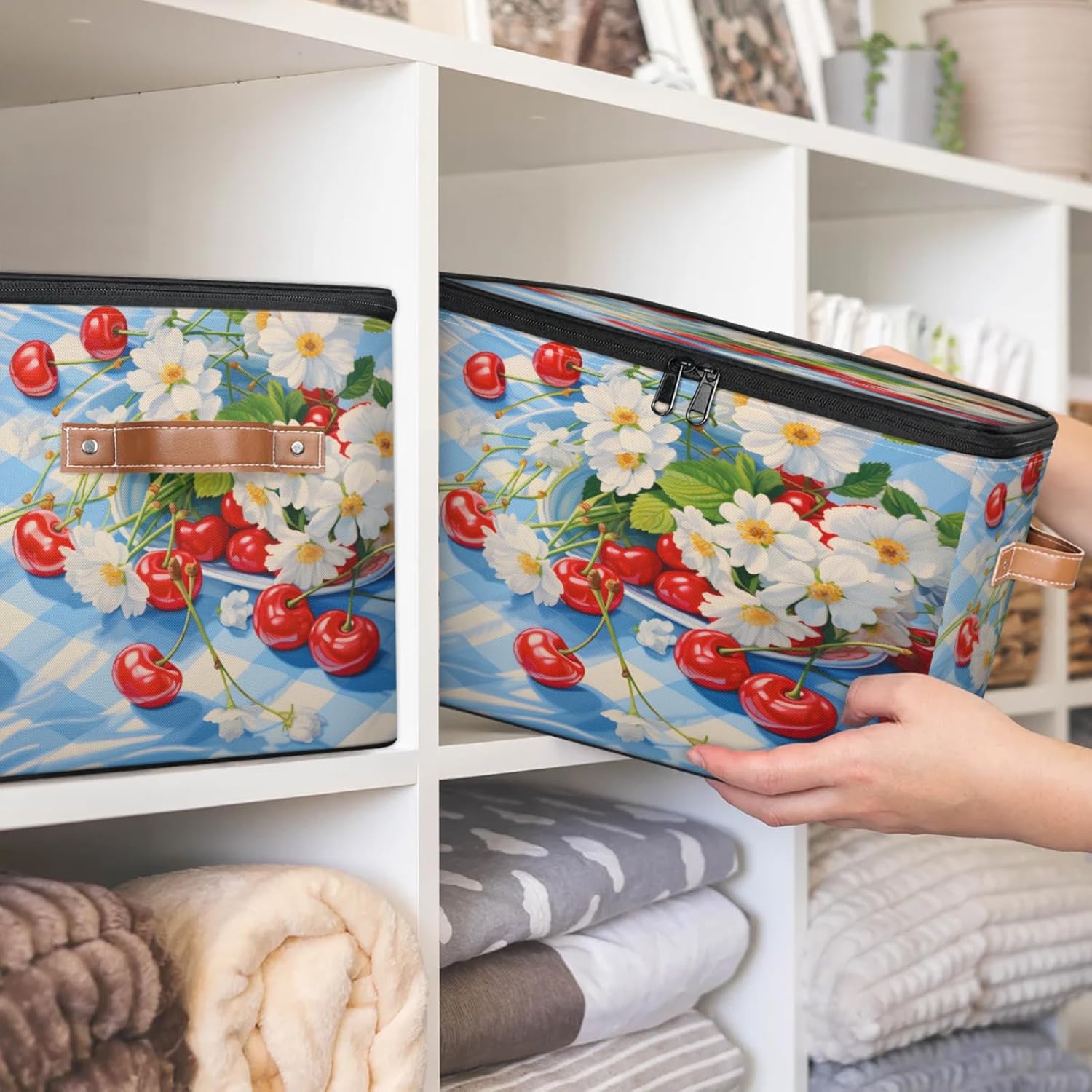 Storage Bin Set of 2 Cherry Daisy Plaid Storage Basket with Zipper Lid & Handle Foldable Closet Shelf 2 Pack Cloth Organizer Basket Cube Bins Clothes Organizer for Nursery, Bedroom