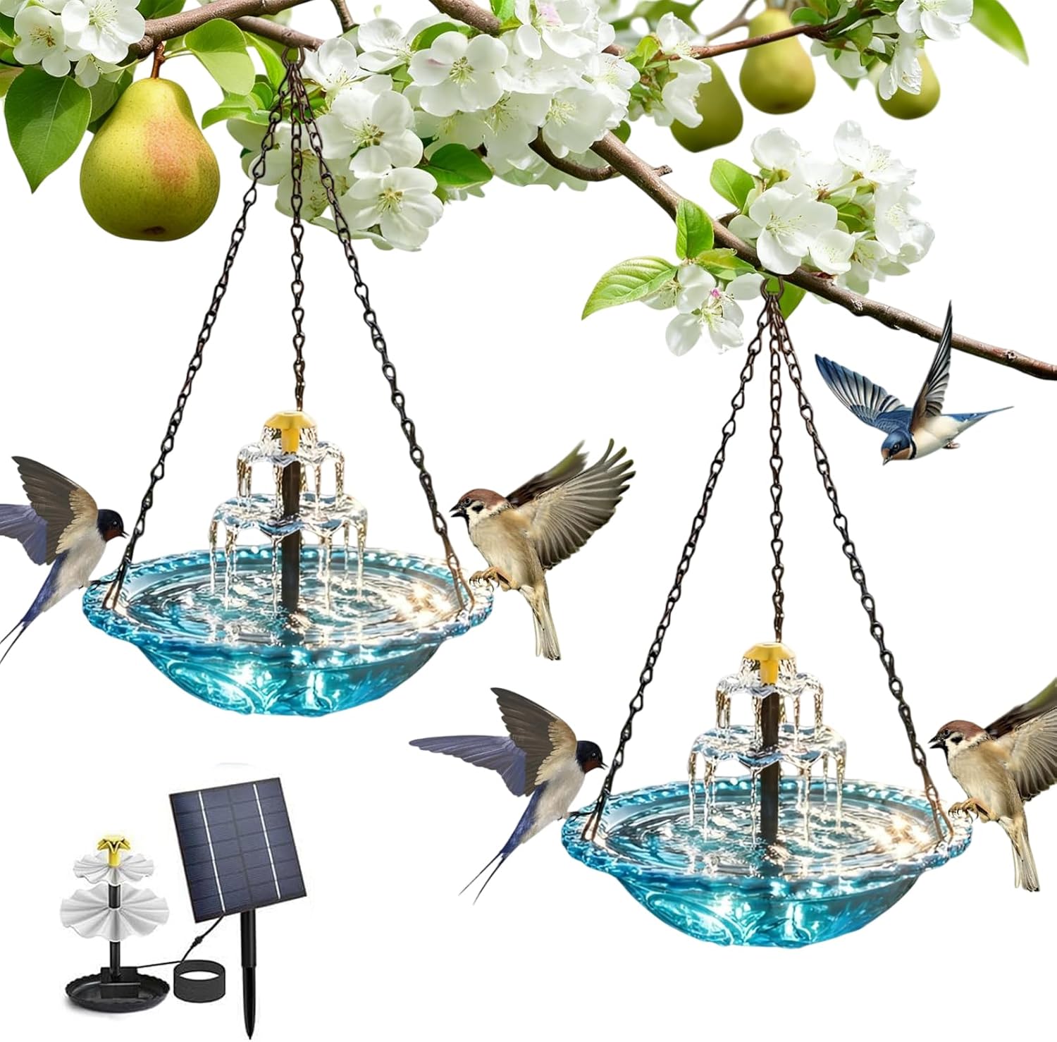 Hanging Solar Bird Bath Fountain, Solar Cascade Hanging Bird Bath Fountain, Hanging Bird Bath with Flowing Water, Bird Bath Fountain Decorative Garden Yard Patio for Outdoor (2Pcs A)