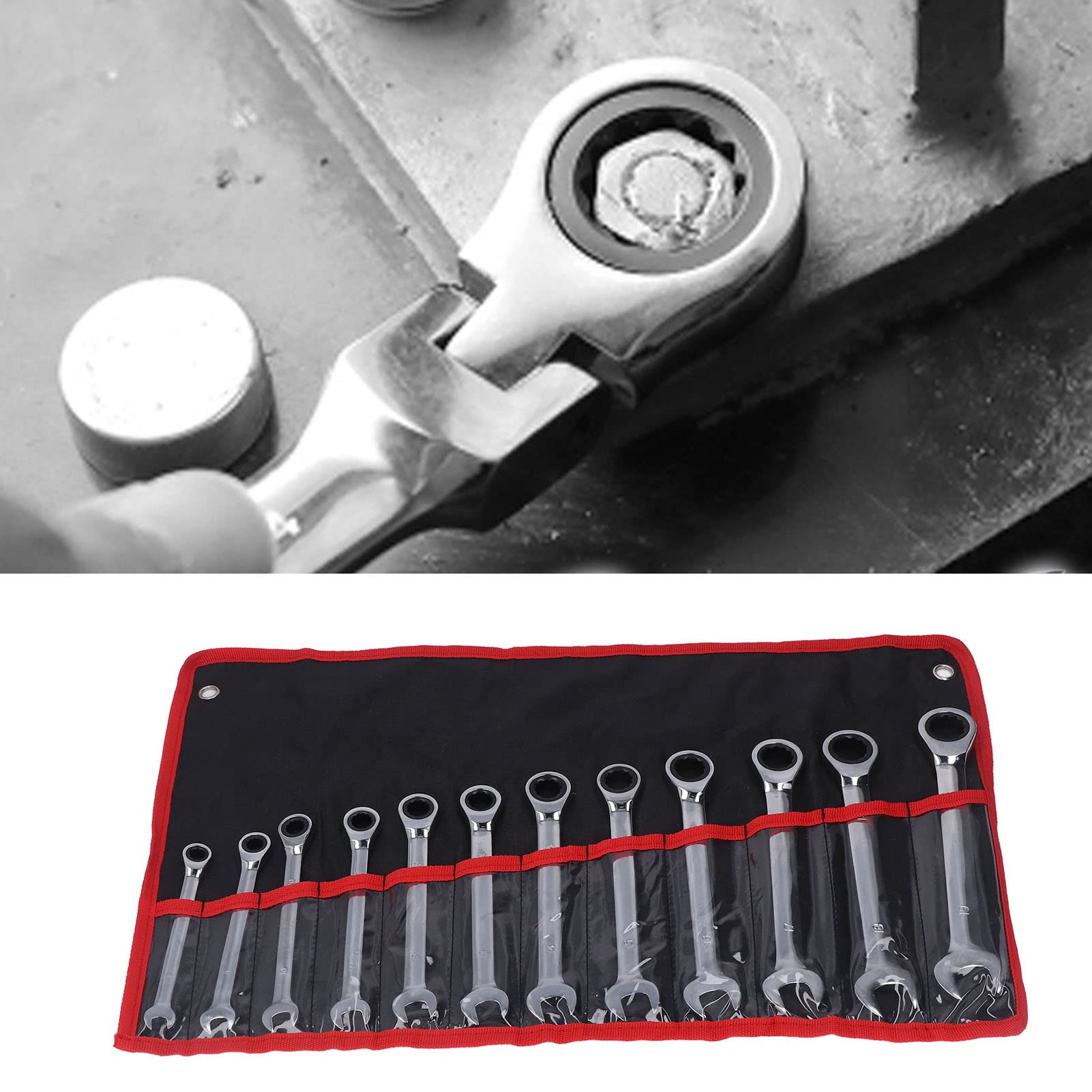 Zestaw Kluczy Grzechotkowych z głowicą stałą Zestaw Kluczy Grzechotkowych ze Stali Chromowo-wanadowej 8 Mm do 19 Mm 72 Zęby Kąt Obrotu 5 Stopni do Mechaniki Samochodowej i Użytku Domowego