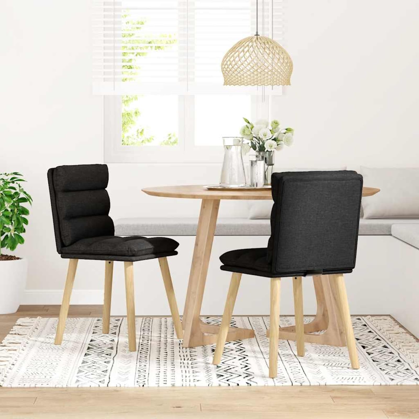 Krzesła do jadalni 2 szt. czarne – ergonomiczne, wyściełane pianką, materiał (100% poliester) i lite drewno gumowe, 45 x 54 x 86 cm, do jadalni i salonu