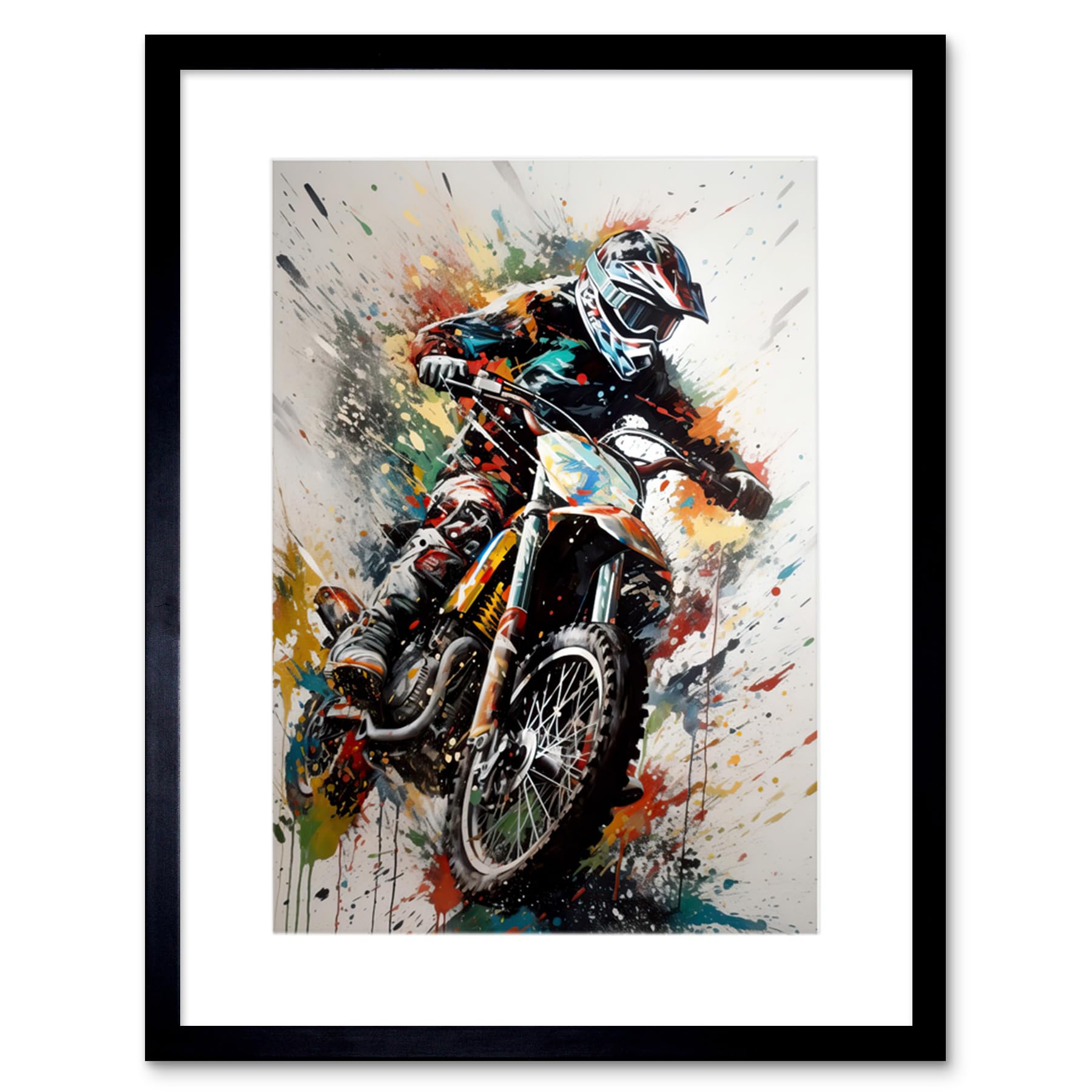 Artery8 Motocross Racer Paint Splat Action Shot Portrait Artwork Framed Wall Art Print 9X7 Inch