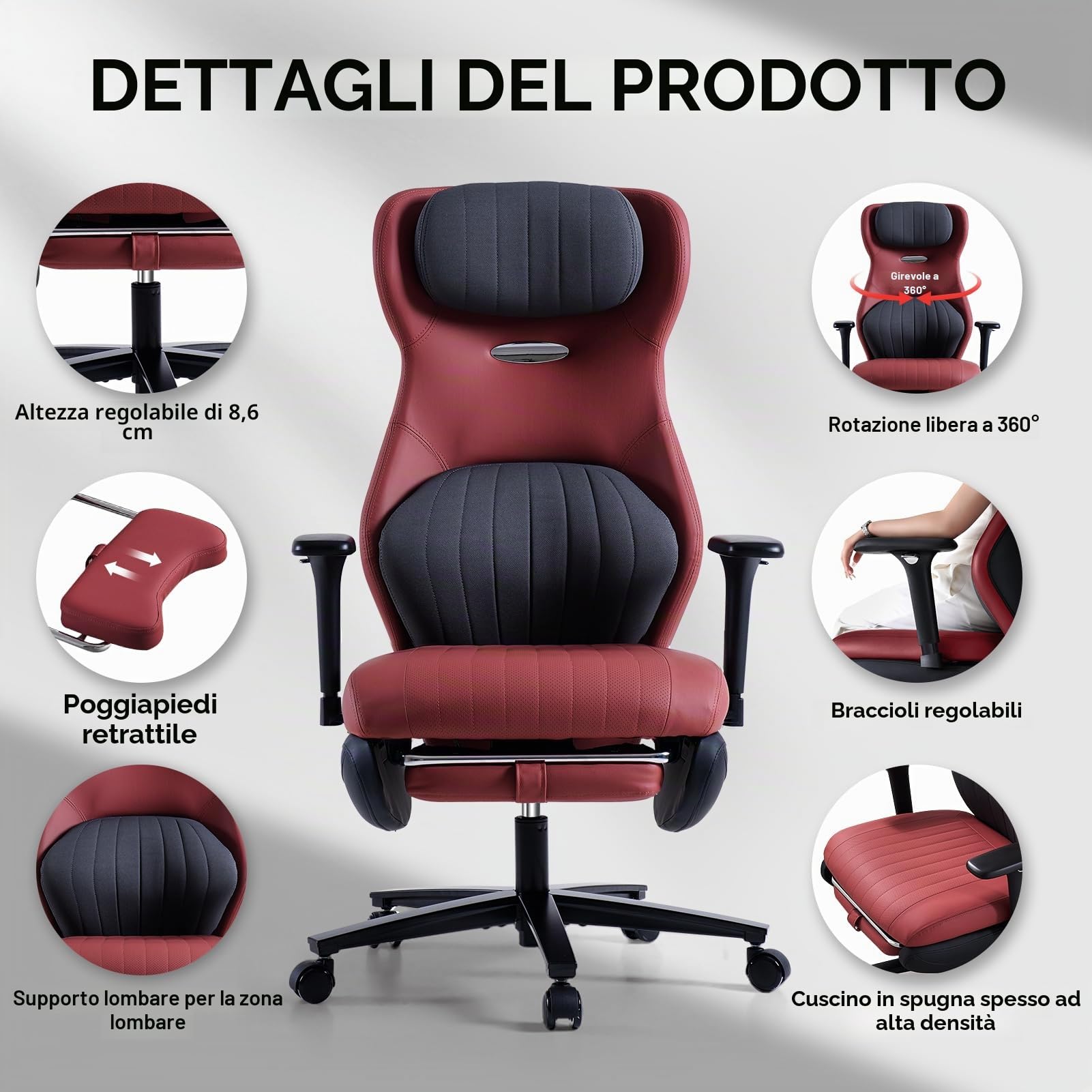 EMIAH Sedia da Ufficio Ergonomica, Sedia da Scrivania Reclinabile con Poggiapiedi, Braccioli Regolabili, Sedia da Gioco con Schienale Alto, Sedia Direzionale con Supporto Lombare, Pelle PU (Rosso)