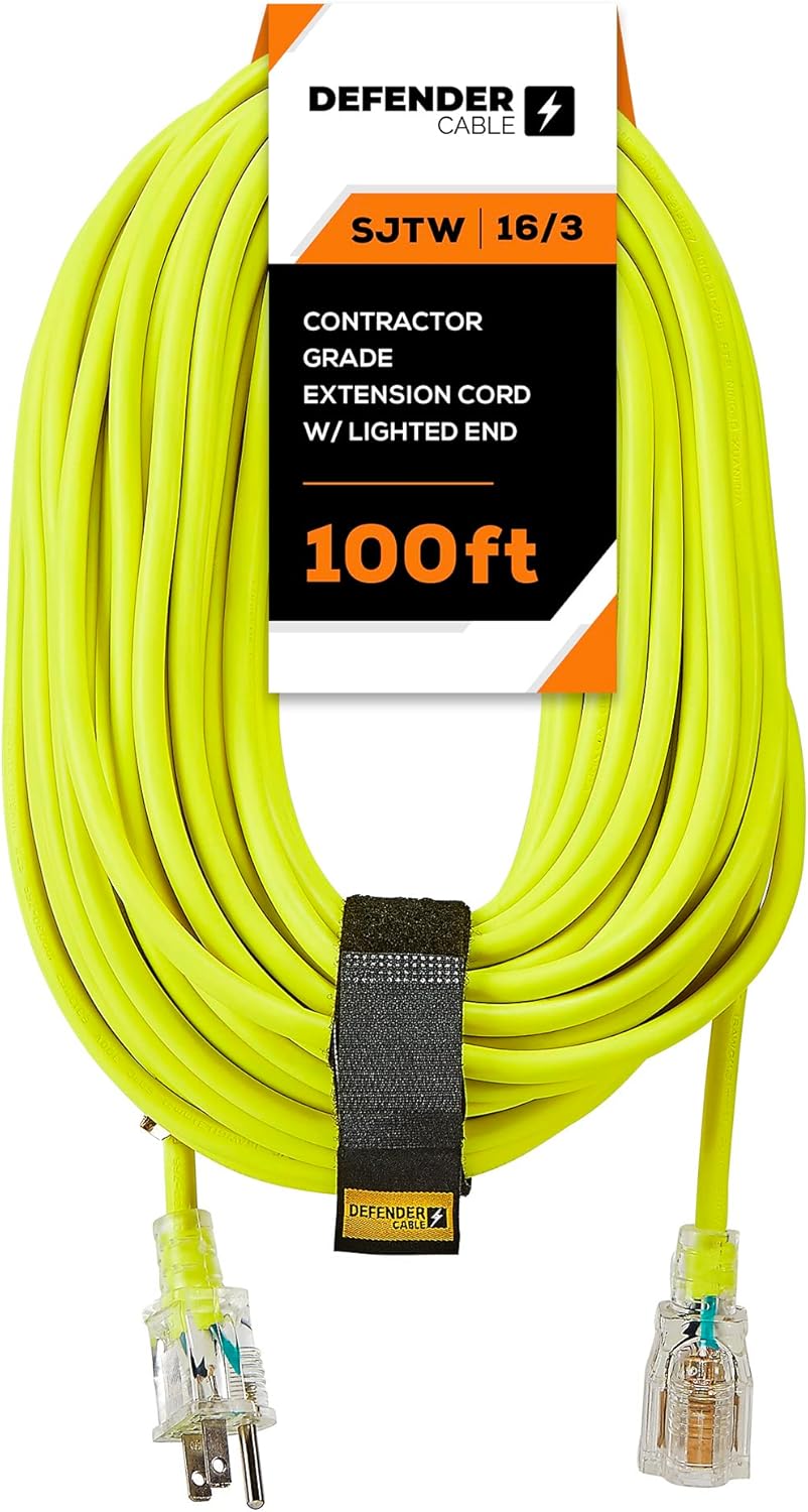 Defender Cable 16/3 Gauge, 100 ft SJTW Contractor Grade Extension Cord, with Lighted