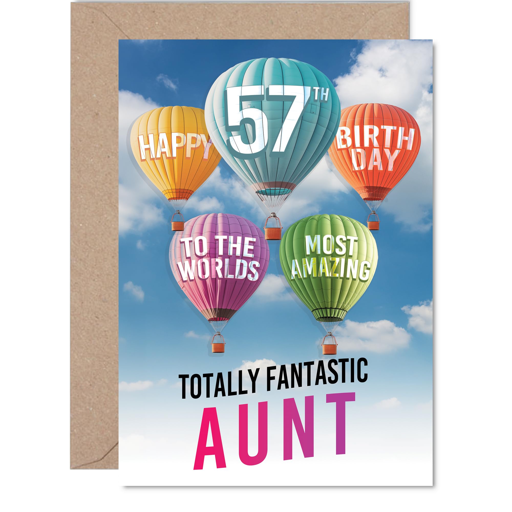 Auntie 57th Birthday Card - Most Amazing Hot Air Balloon - Happy Birthday Card for 57 Year Old Auntie from Nephew Niece, A5 Balloons Stars Bday Greeting Cards