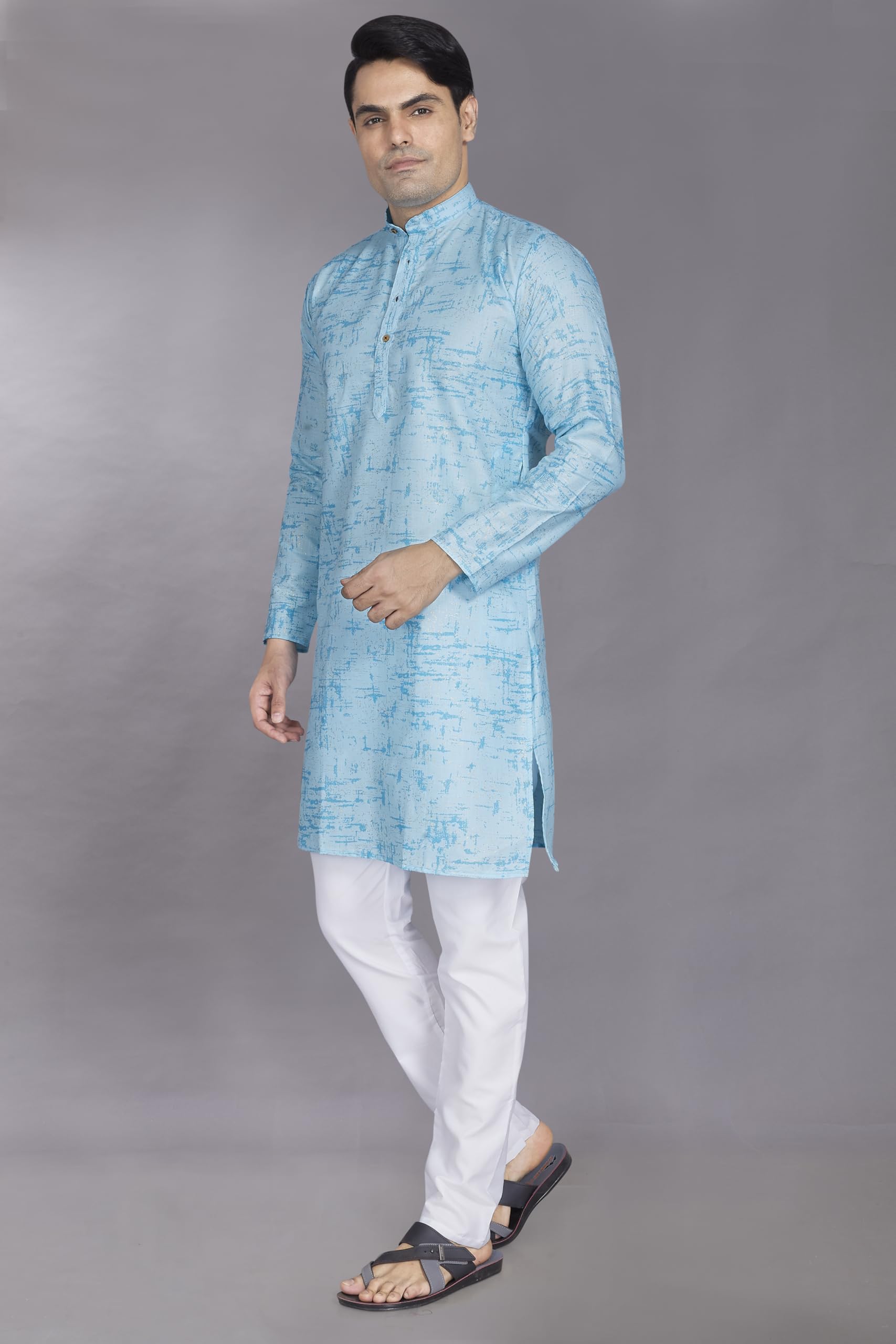 Divisive Men's Printed Cotton Blend Linen Slim Fit Kurta Pyjama Set (Dkrt872_S_Blue)