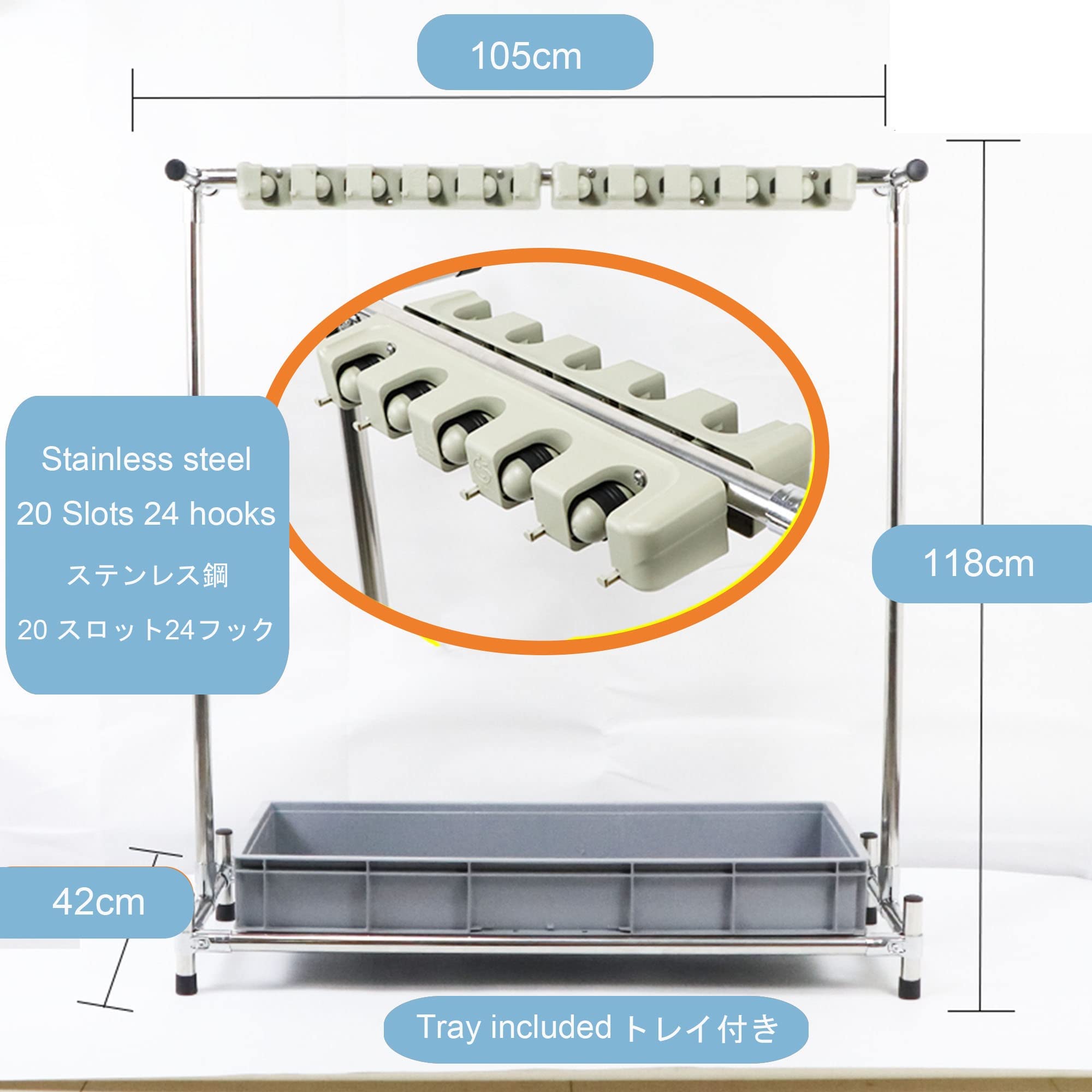 Movable Floor Standing Mop Broom Holder,Commercial Stainless Steel Mop Rack, Cleaning Supplies Organizer,Garden Tool Storage,Umbrella Stand,Put Wet Mops,5 Slots,for Garage,Schools,Hospitals,Factories