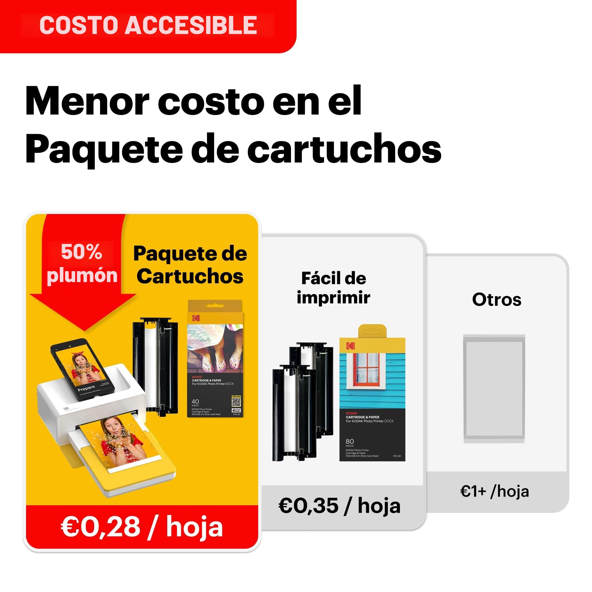 KODAK Dock Plus Impresora Fotográfica 10 x 15 cm, 50 Hojas, Impresora para Smartphone con Base Dock & Bluetooth para iPhone & Android, Impresión en Color Instantánea, Sublimación 4PASS