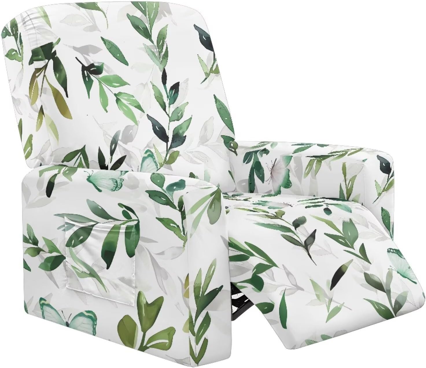 FOR U DESIGNS Leaf Green White Stretch Recliner Cover Slipcover for Reclining Chairs with Elastic Straps Easy Installation Washable for Living Room Protection Against Stains