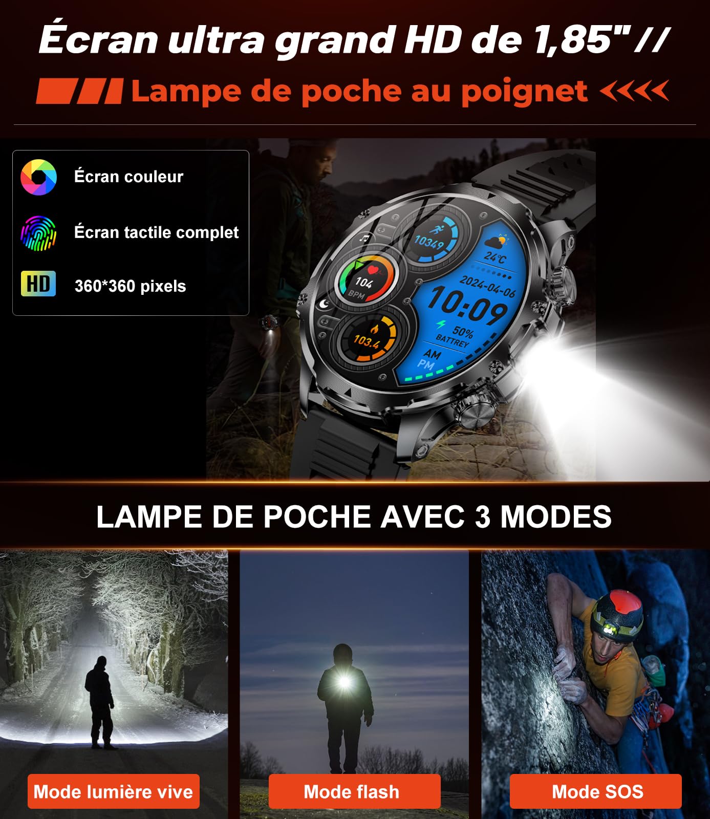LIGE Montre Connectée Homme avec Écran HD de 1,85'' et Torche LED,800mAh,Smartwatch Homme avec Appel Bluetooth IP68 Étanche 110+ Sportifs 24H Fréquence Cardiaque pour iOS Android,FV15-F