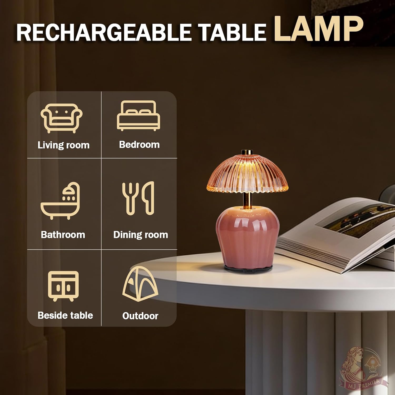 MJ PREMIER Rechargeable Table Lamp, Cordless Lamp with Timer, Mini Glass Mushroom Lampshade, Small Table Lamps, Decorative Led Light for Bedroom Living Room Shelf (Pink)