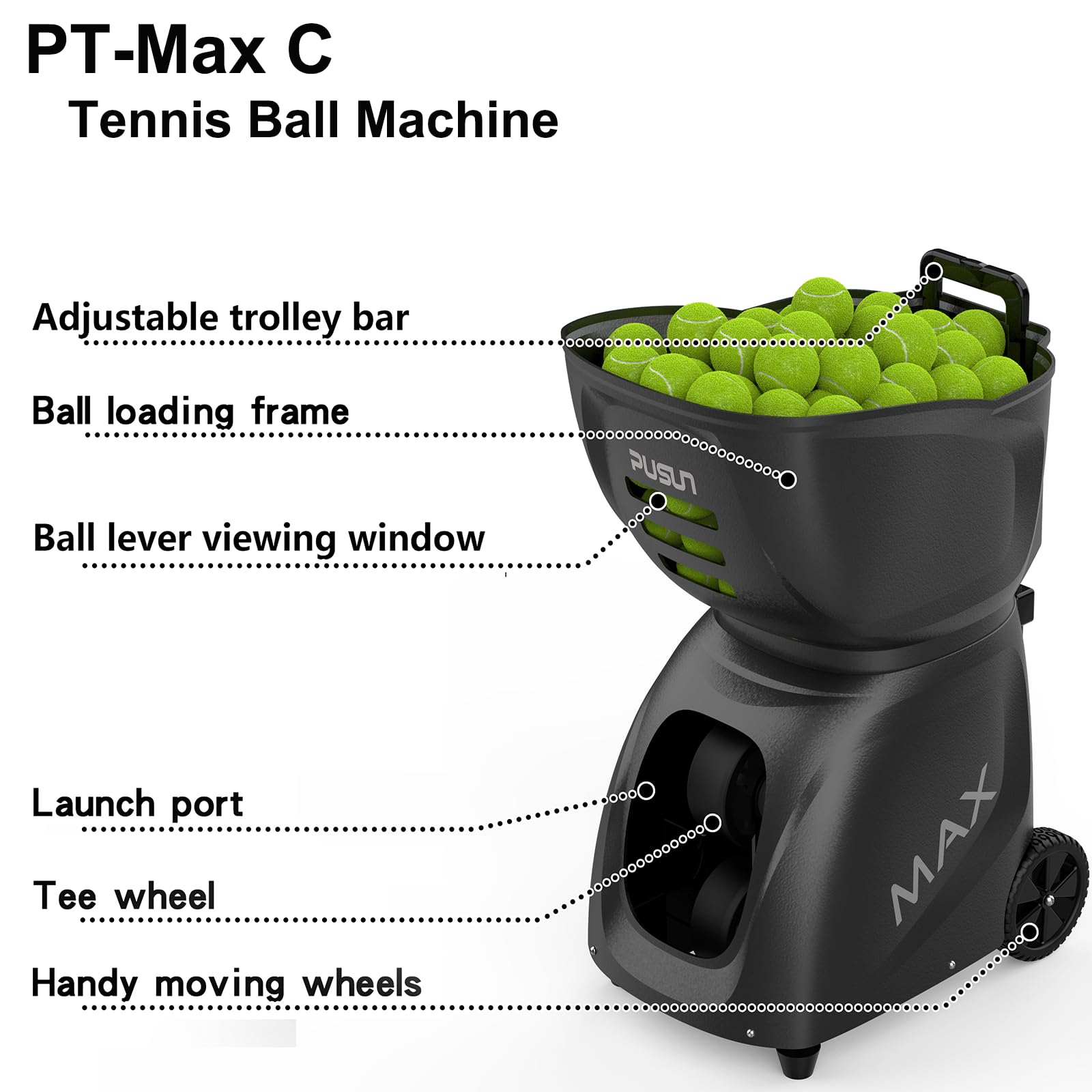 PUSUN Tennis Ball Machine, PT-Max C Automatic Tennis Ball Machine for Training, Support App&Remote Control, Large Capacity for 145+Balls, Self-Programming, One-Click Adjust Speed/Frequency/Spin/Angle