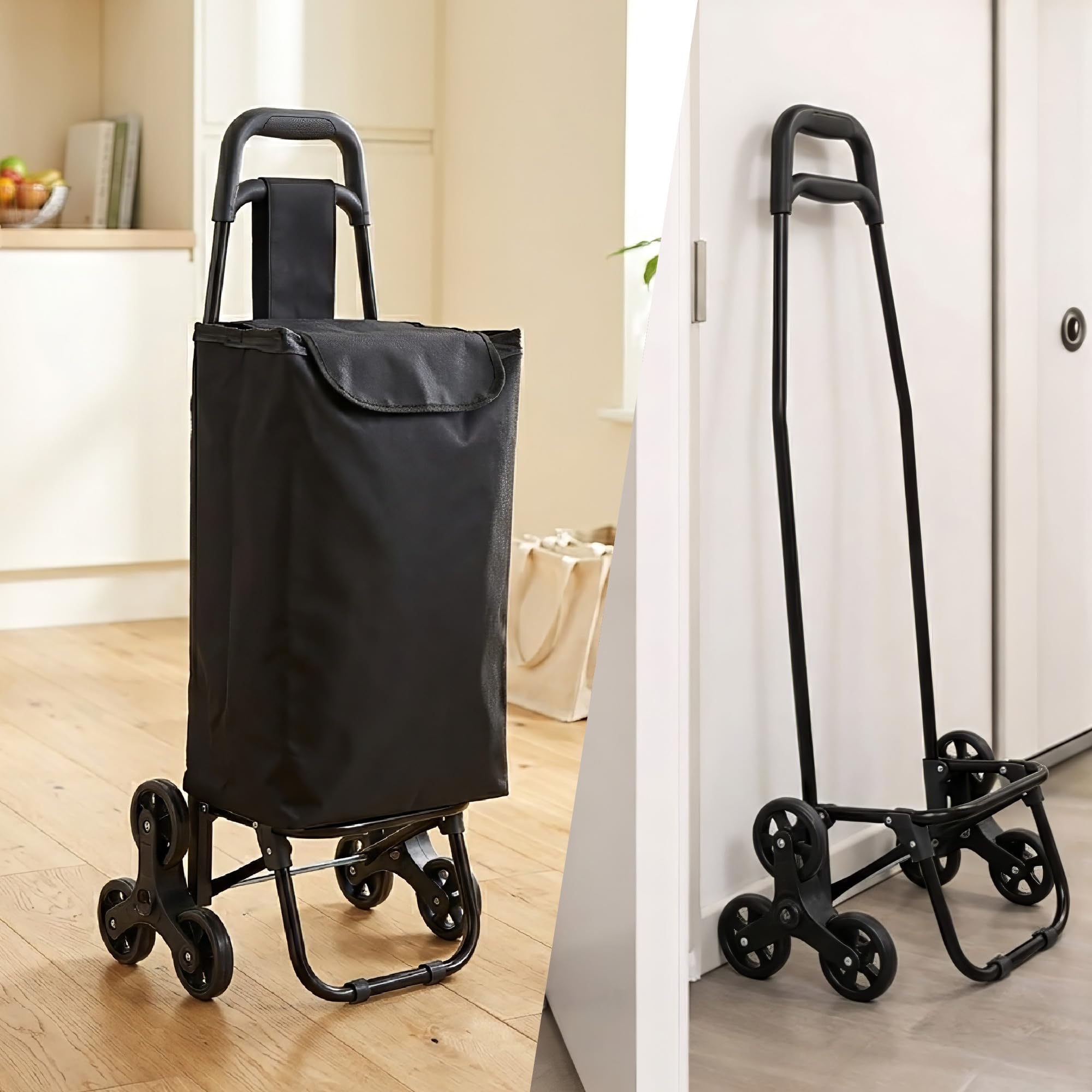 IlGruppone Carrello Spesa Saliscale 6 Ruote Pieghevole con Borsa Impermeabile, Porta Spesa per Scale Supermercato e Casa, Struttura in Acciaio - Nero