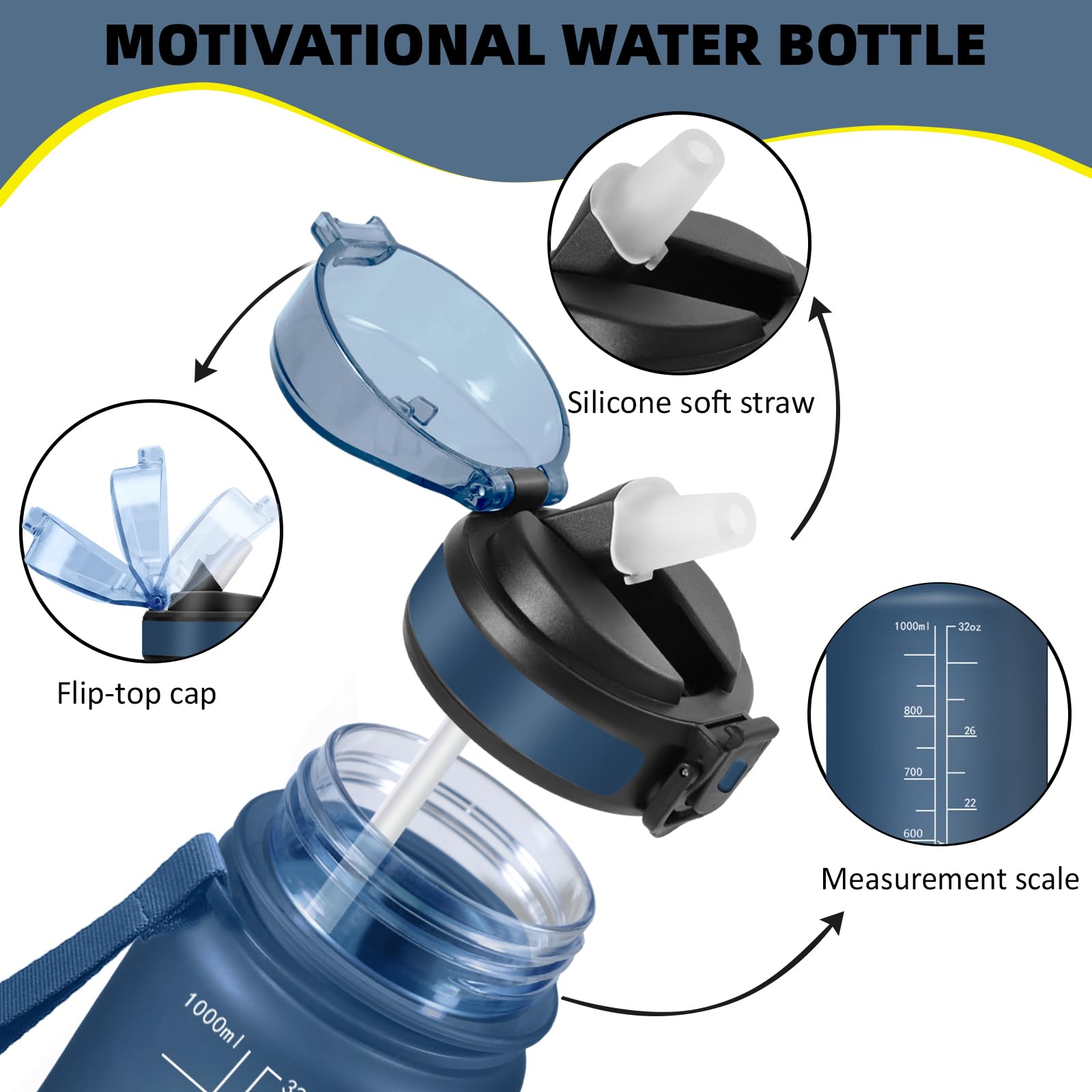 Botella Agua 1 litro, A Prueba de Fugas Cantimplora con Pajita, Botella Agua Gimnasio, Diseño de Cerradura, Cantimplora con Marcador de Tiempo para Exterior, Oficina, Deportes, Gimnasio - 3