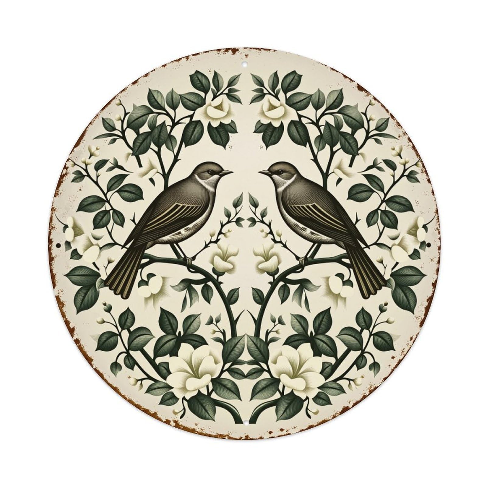 Birds Perched On Floral Branches With White Roses Metal Tin Sign Plaque