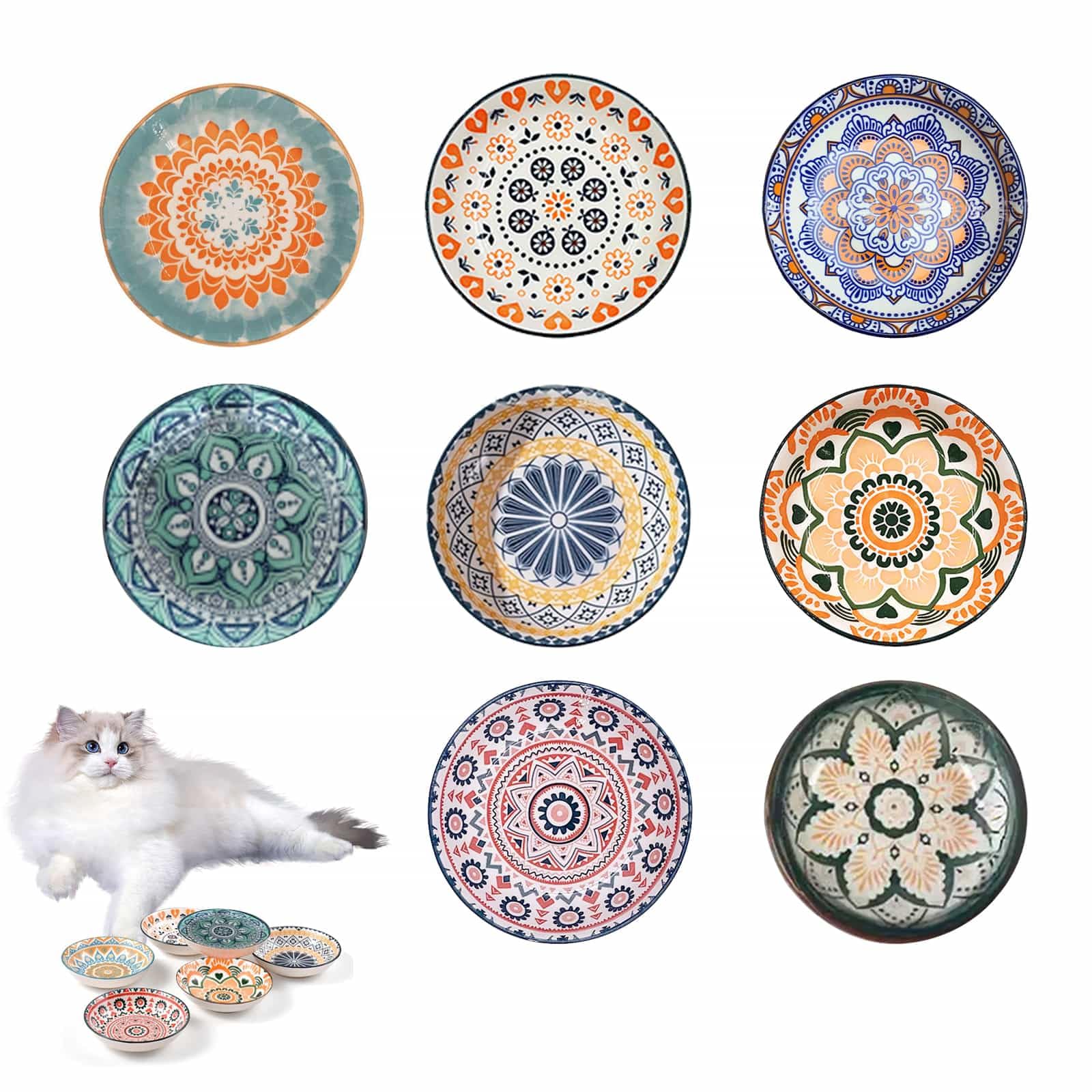 Cat & Dog Food Bowl Cat Feeding Bowls 8 Colorful Boho Style Ceramic Pet Shallow Dishes, 5.5'' Cat Water Dish, 8.5 oz Porcelain Tapas Dish Snack Bowls Dipping Bowls for Kitten, Puppies