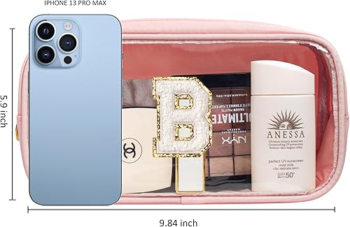 Miniatura 10 de Pequeña bolsa de maquillaje transparente con letra inicial personalizada, bolsa de maquillaje de nailon con parche preppy de chenilla, letra A-Z,