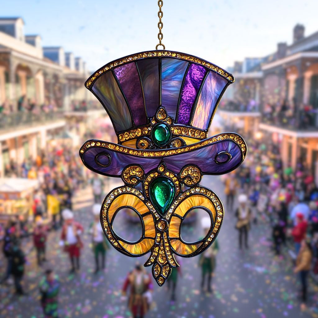 Mardi Grass Purple Top Hat Acrylic Suncatcher Stained Glass Effect Window Car Hanging Christmas Ornament Indoor Outdoor Decor Garden Sun Catcher Panel for Mardi Gras Lover for Mom Women Grandma
