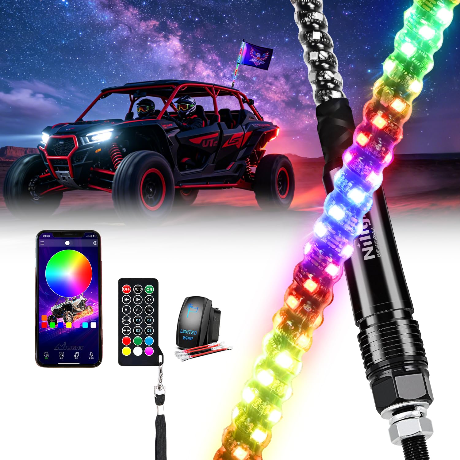 Nilight RGB LED Whip Light 1PC 3FT Lighted Antenna Whips