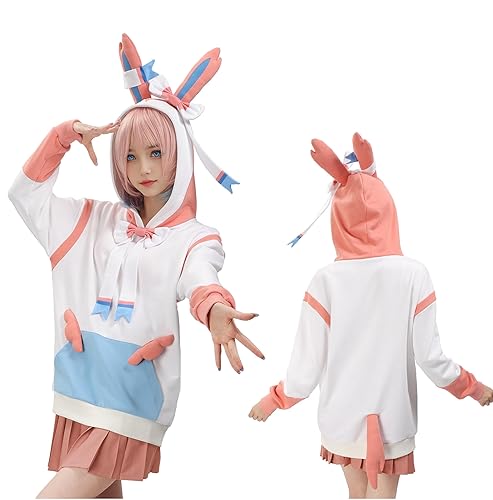 DAZCOS Anime Cosplay Sweatshirt Hoodie With Ears and Tail Blue Pink Halloween Costume for Women - Small - White