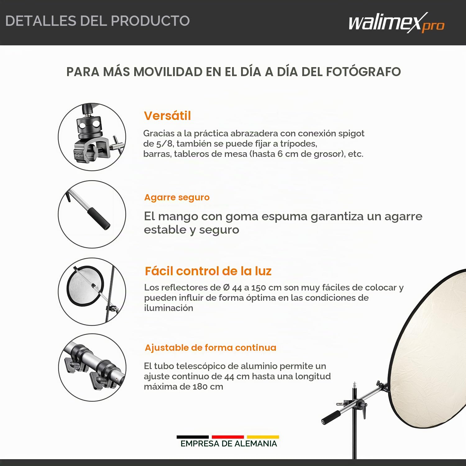 Walimex Pro - Soporte del Reflector con Fijaciones, 44-150 cm (incl. bolsa de transporte)