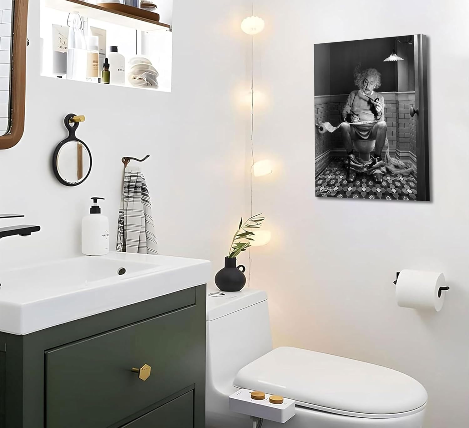 Funny Bathroom Canvas Wall Art Reading Newspaper On Toilet Picture Black and White Humor Bathroom Poster Print for Toilet Wall Decor 16x24in Framed