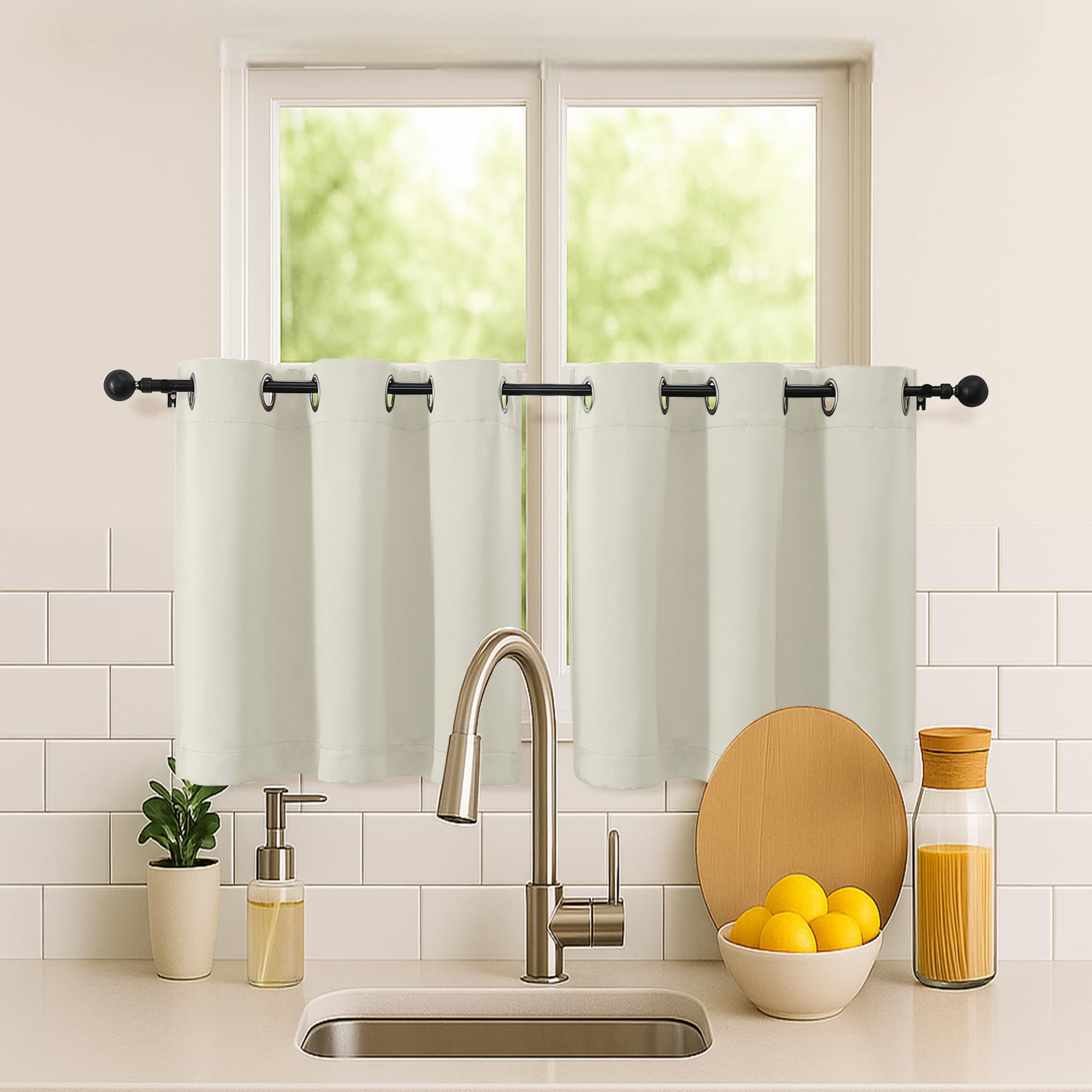 Simplebrand Natural Short Kitchen Curtains 24 Inch Length 2 Panels Set, Small Windows Room Darkening Curtain for Bathroom, Cabinet, Basement, RV Camper, Thermal Insulated Short Drapes, 40 x 24 Inch