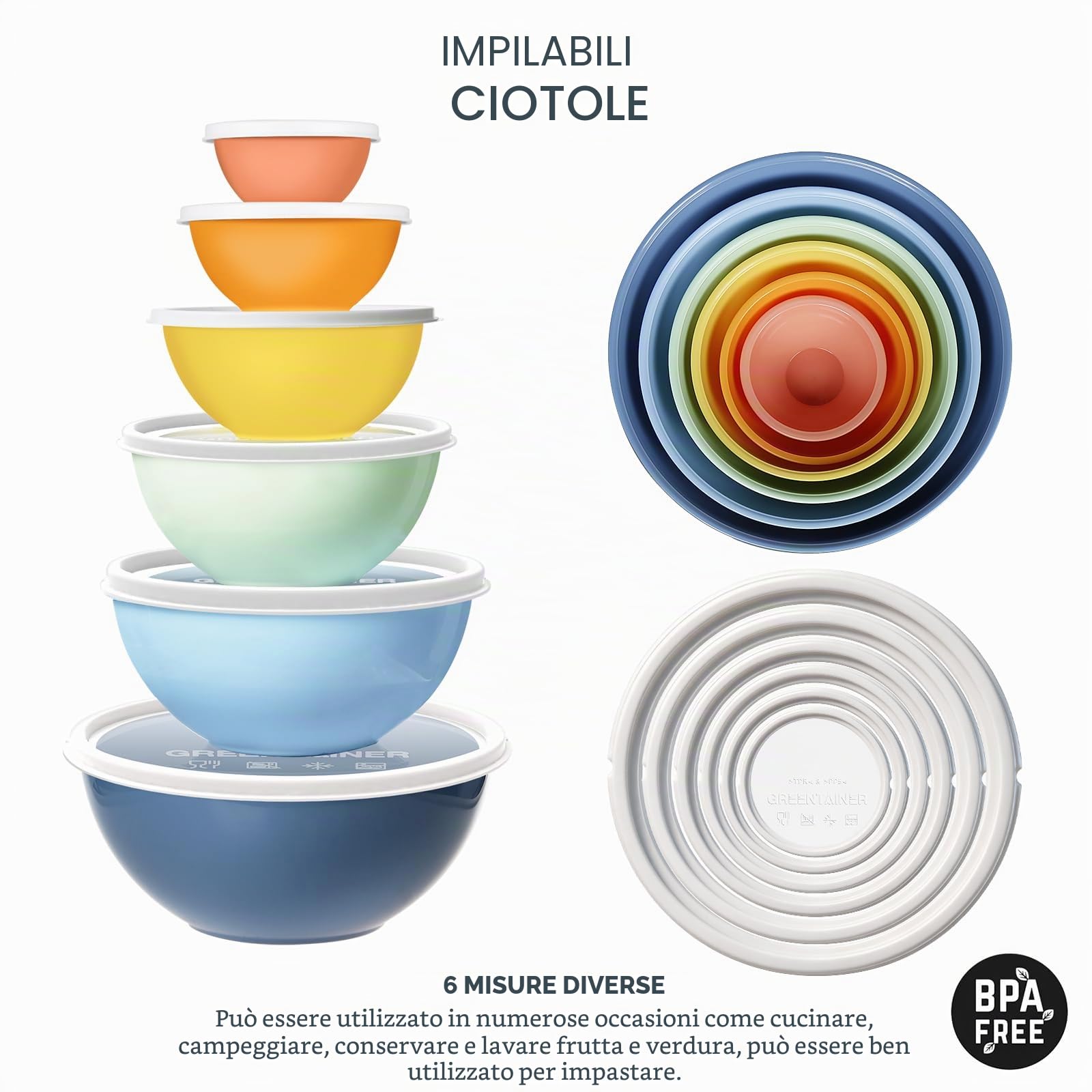Greentainer Set di ciotole in plastica con coperchio, set da 12 ciotole colorate per la cucina, set di ciotole impilabili con coperchio, 6 ciotole e 6 coperchi, adatte al microonde e al congelatore