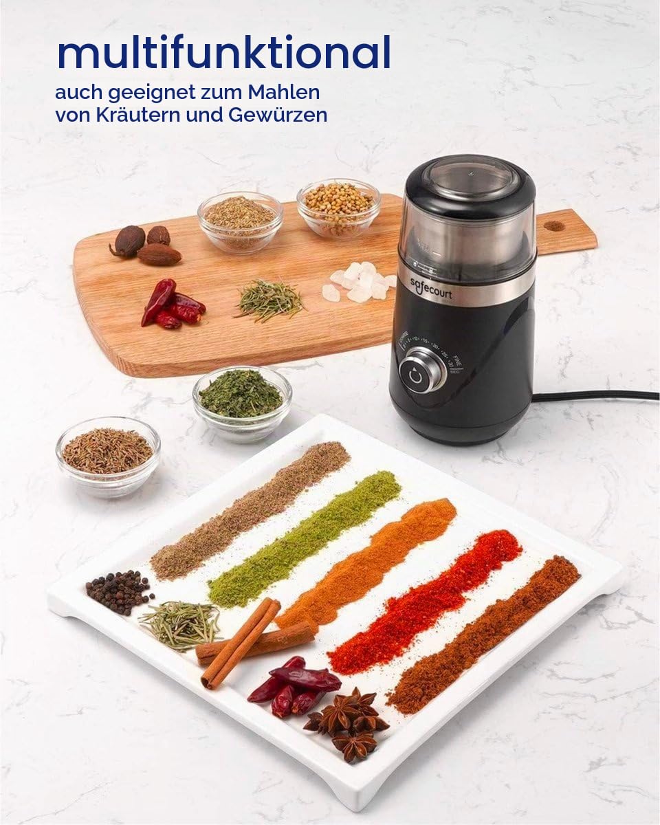 Safecourt Kaffeemühle Elektrisch, Automatisch getaktetes Präzisionsmahlwerk,Gewürzmühle mit Edelstahlklingen für Kaffeebohnen, trockene Zutaten, leises Mahlen, 80g abnehmbar