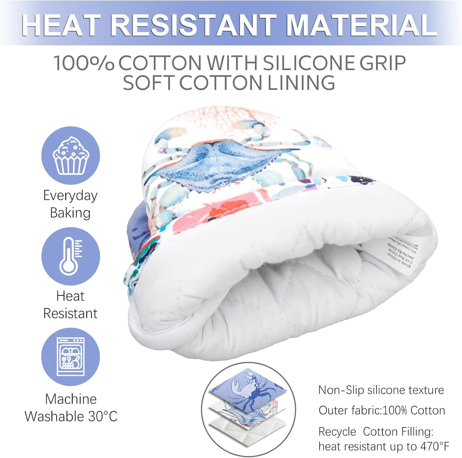 Alselo Mini Oven Mitts,2pk - Silicone Little Kitchen Gloves, Heat Resistant with Non-Slip Grip and Soft Quilted Cotton Lining for Safe Backing Cooking Barbecue (Lilac, Crab)