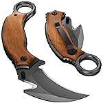 Pocket Knife Karambit with Wood Handle - Folding Curved Sharp Claw Blade - Best Knives for Camping Hiking EDC Survival Work Indoor and Outdoor Activities - Birthday Gifts Ideas for Men & Women X-52