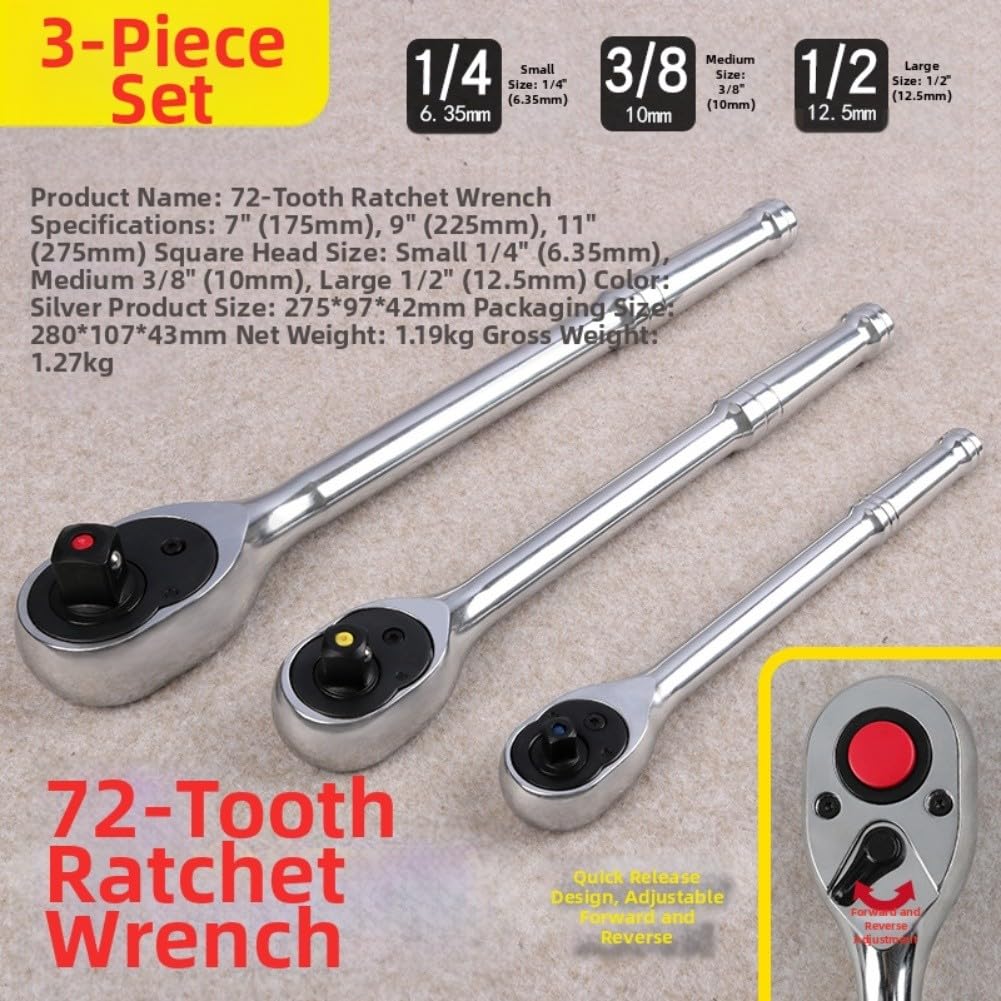 Set di chiavi a cricchetto a 72 denti, con meccanismo reversibile, in acciaio al cromo vanadio, impugnatura antiscivolo, 3 pezzi