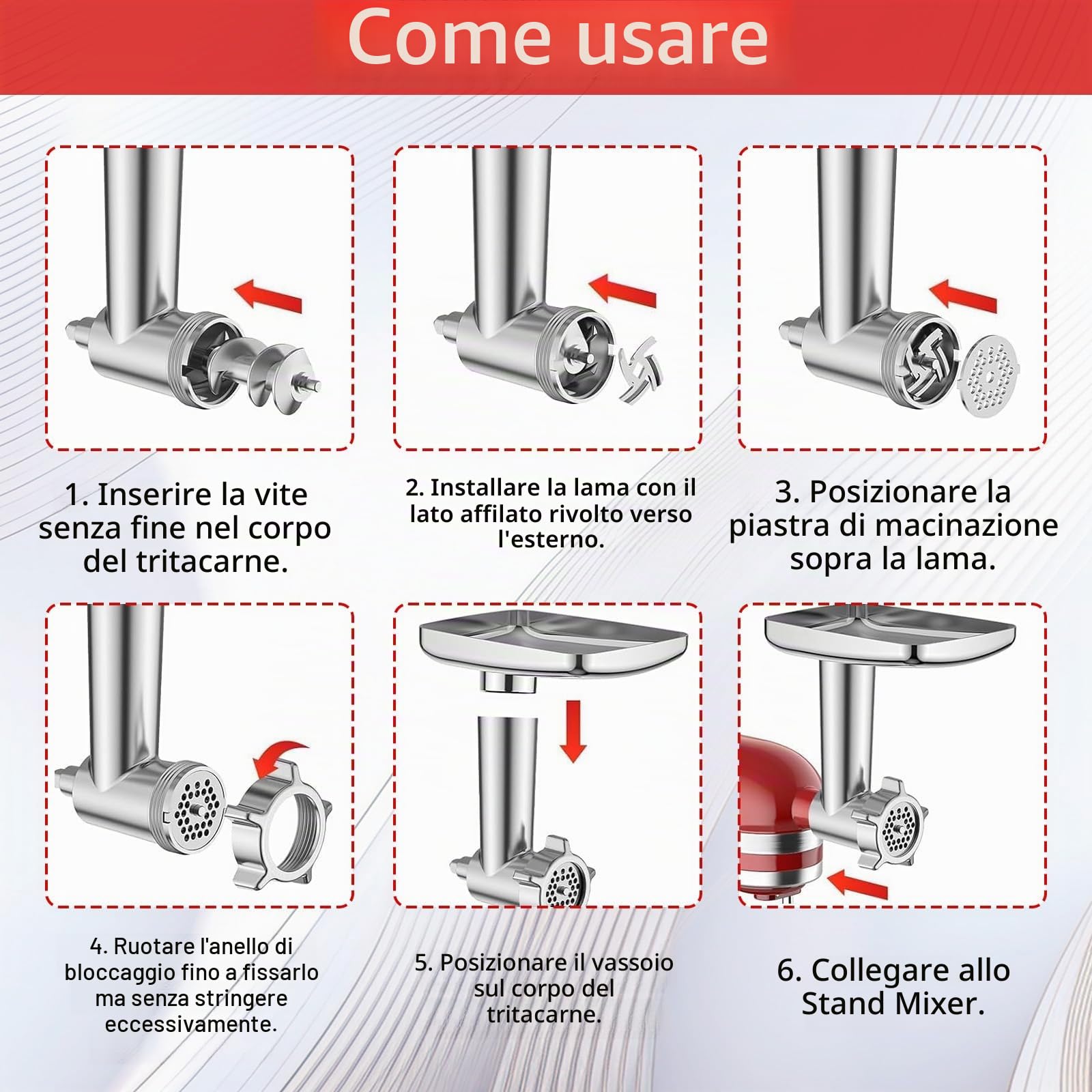 Accessorio Tritacarne, Accessori Kitchen Aid in Acciaio Inox con 4 Dischi di Macinazione 3 Tubi per Insaccati 3 Lame 1 Pestello e 1 Macchina per Hamburger per Tritare Carne Lavorare Frutta Verdura
