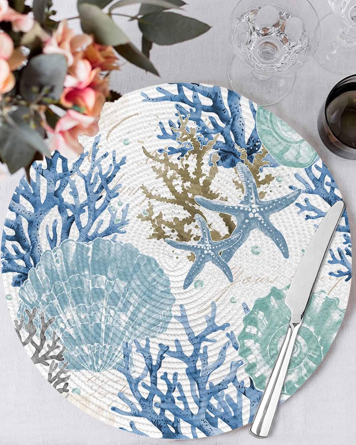 Round Placemats Coastal Blue Teal Coral Shell 15 inch Placemats for Dining Tables Ocean Marine Round Table Mats for Kitchen Decoration Set of 6