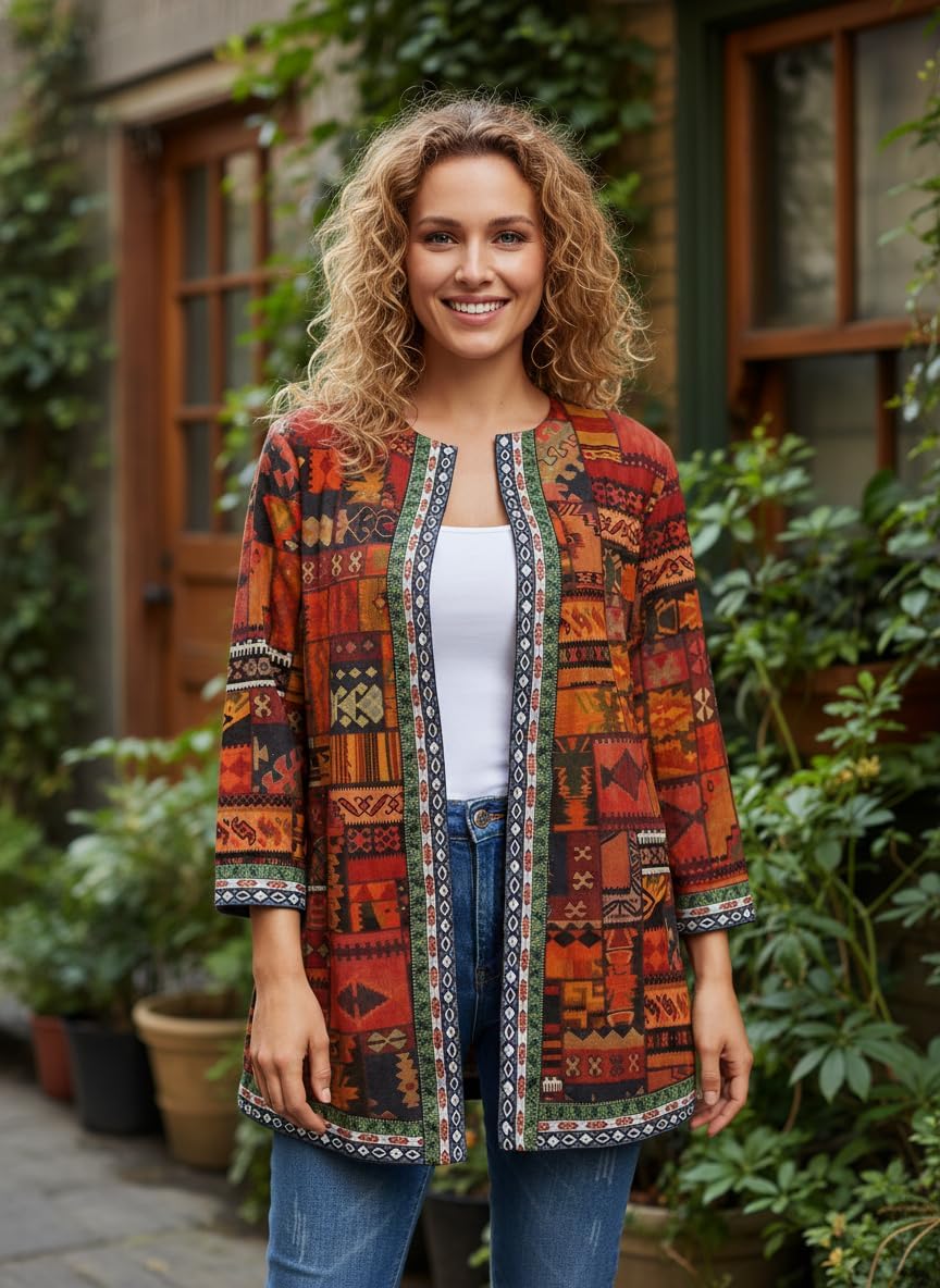 Women's Retro Ethnic Cardigan Jacket Long Sleeve Open Front Vintage Boho Floral Oversized Spring Coat with Pockets