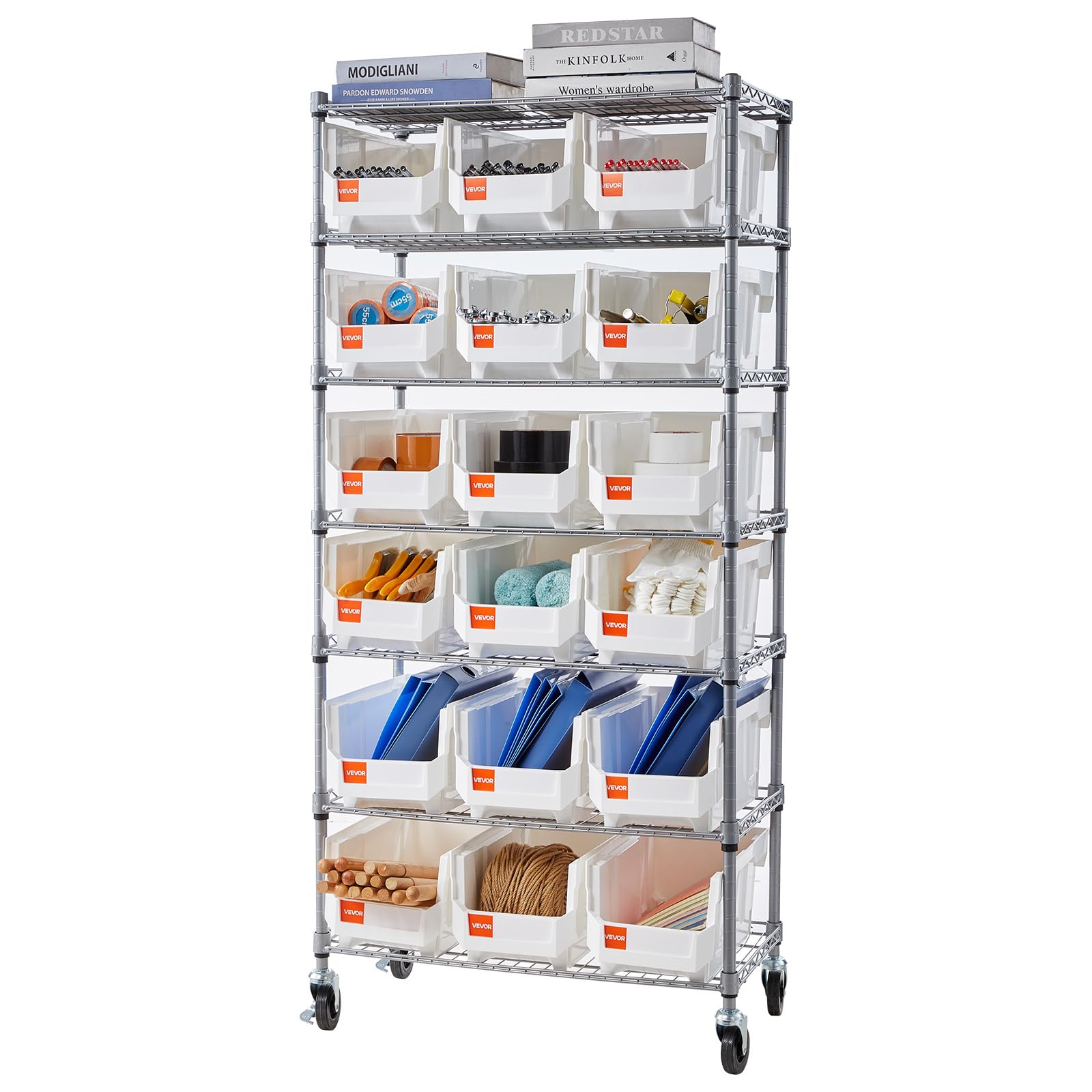 VEVOR Étagère de Rangement Mobile 7 Niveaux Rayonnage sur roulettes 18 Bacs pour Garage, Entrepôt, Bureau, Restaurant, Salle de Classe, Cuisine, en Fil d'acier, avec roulettes Pivotantes et 2 Freins