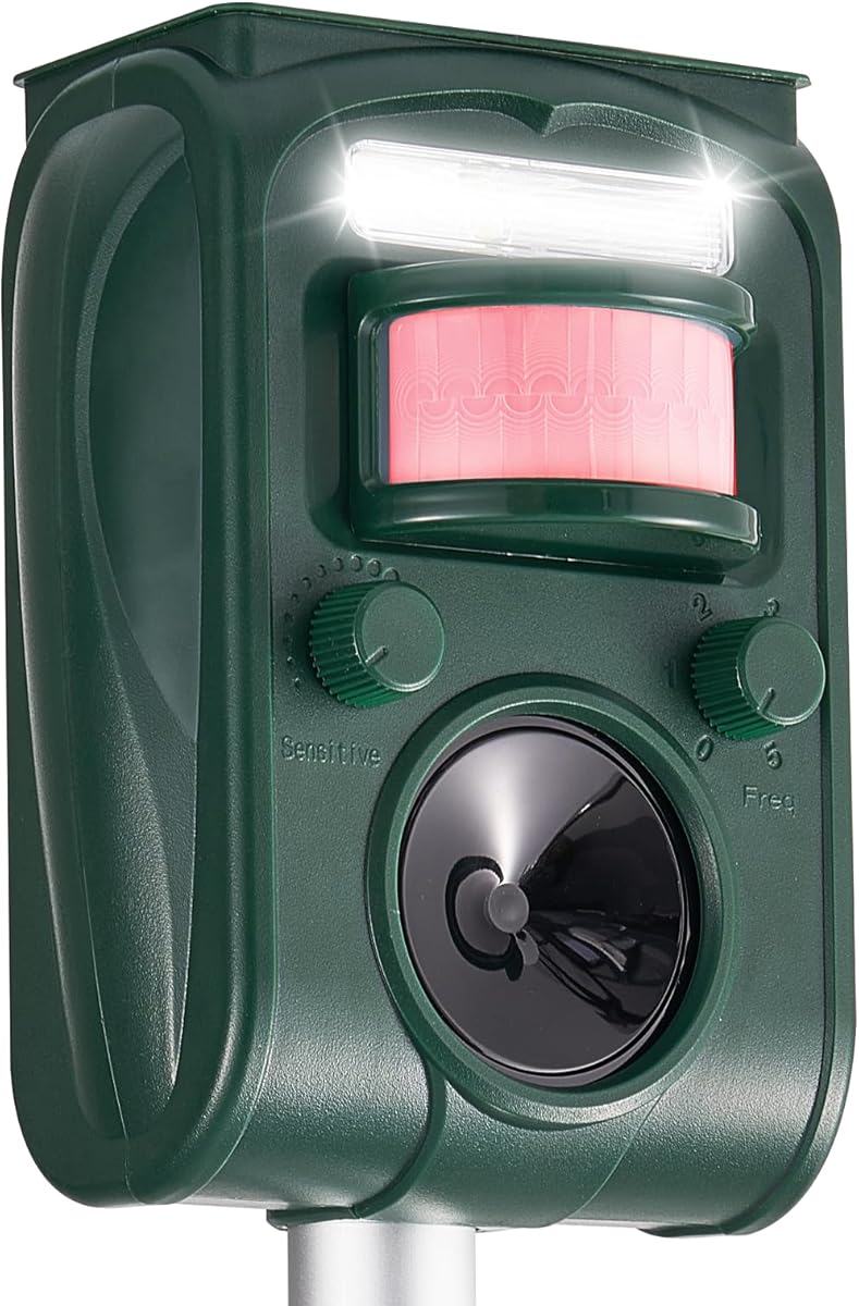 Upgraded Solar Ultrasonic Squirrel Deer Repellent Devices Motion Detection 5 Adjustable Modes, Cat Raccoon Rabbit Dog Deterrent, Animal Repellent with LED Waterproof for Yard, 1P