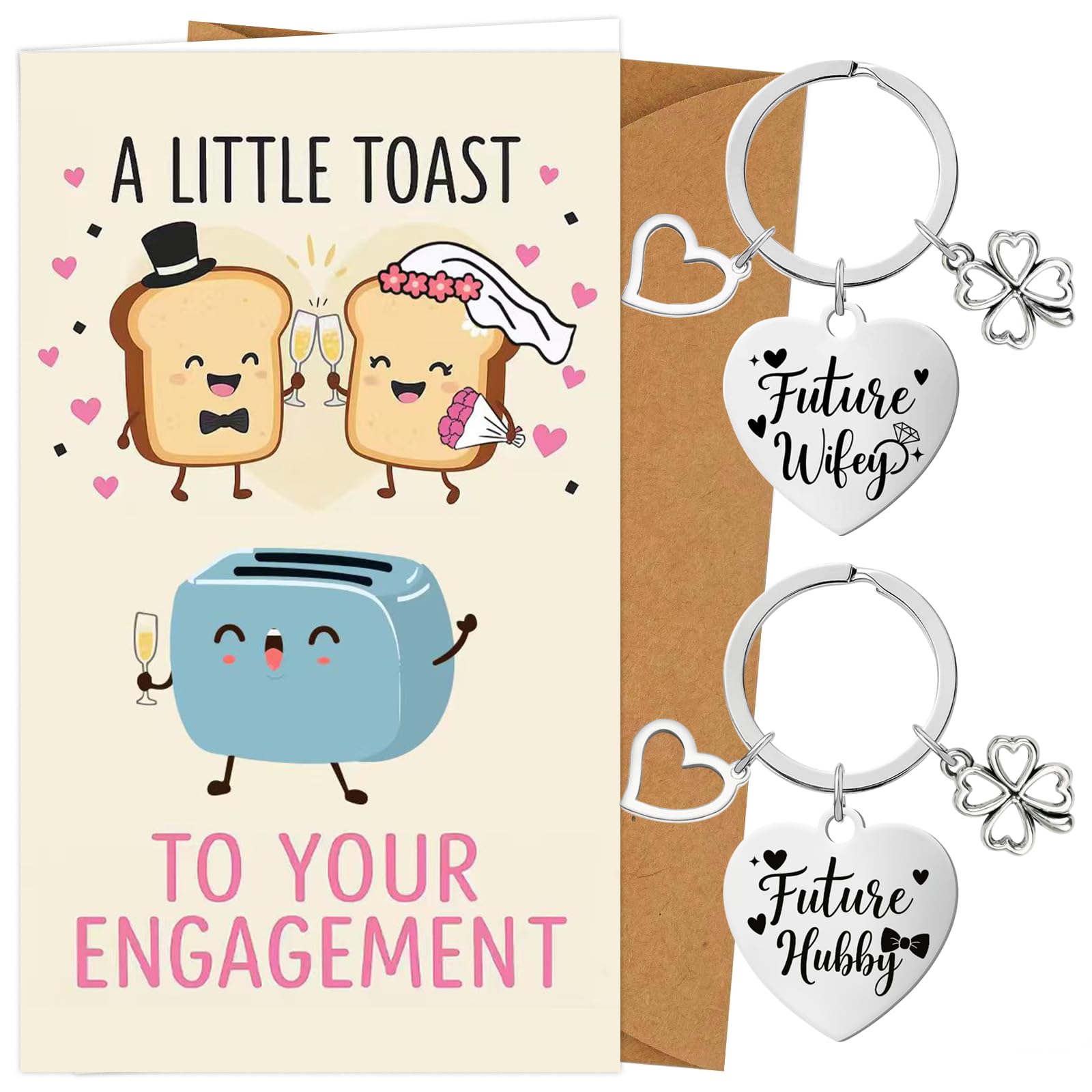 Funny Engagement Card for Couples – Unique Engagement Gifts Set with 'A Little Toast' Greeting Card & 2 Heart Keyrings (Future Hubby Wifey), Presents for Fiancé, Fiancée, Bride, Groom