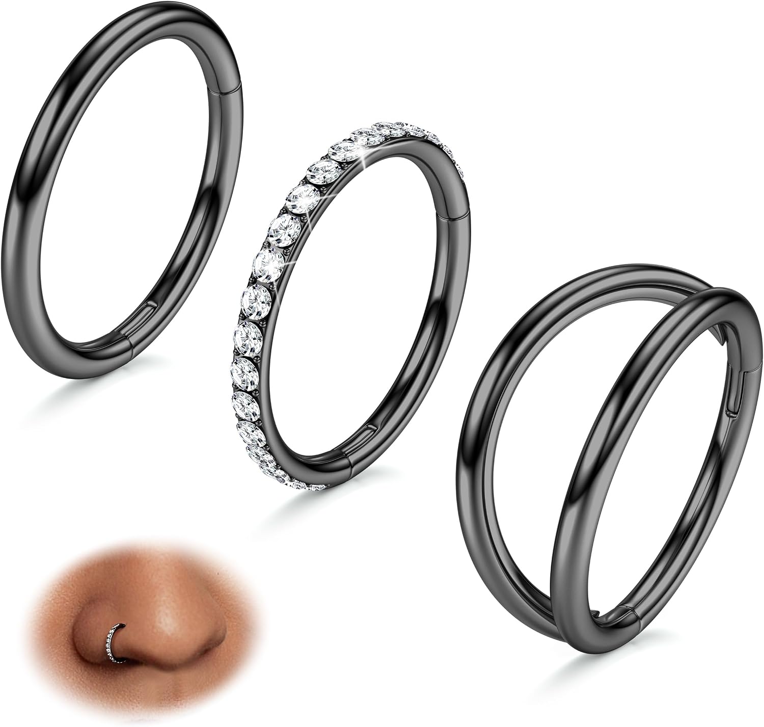BodyBonita 3pcs Nose Rings Hoops - Double Hoop Nose Ring 14/16/18/20G Hinged CZ Piercing Jewelry Septum Clicker Rings Cartilage Earring Helix Rook Tragus Daith 7mm/8mm/9mm/10mm