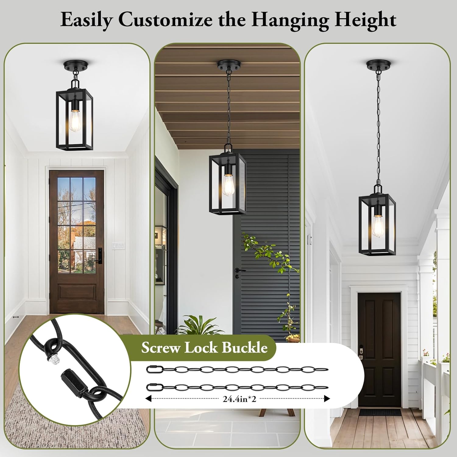 BesLowe 1-Pack Outdoor Pendant Light, 13” Modern Hanging Lantern Light for Outside, Black Exterior Pendant Lighting Fixture with Adjustable Chain, Outdoor Chandelier for Porch, Gazebo, Front Door