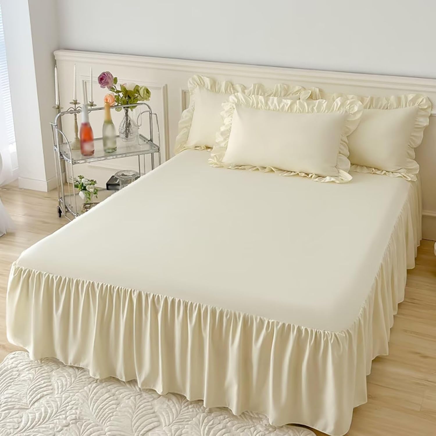 JadeRich Ruffled Bed Skirt with Platform Classic Solid Color Microfiber 16 Inch Drop Bed Sheet with Skirt, Light Yellow, Queen