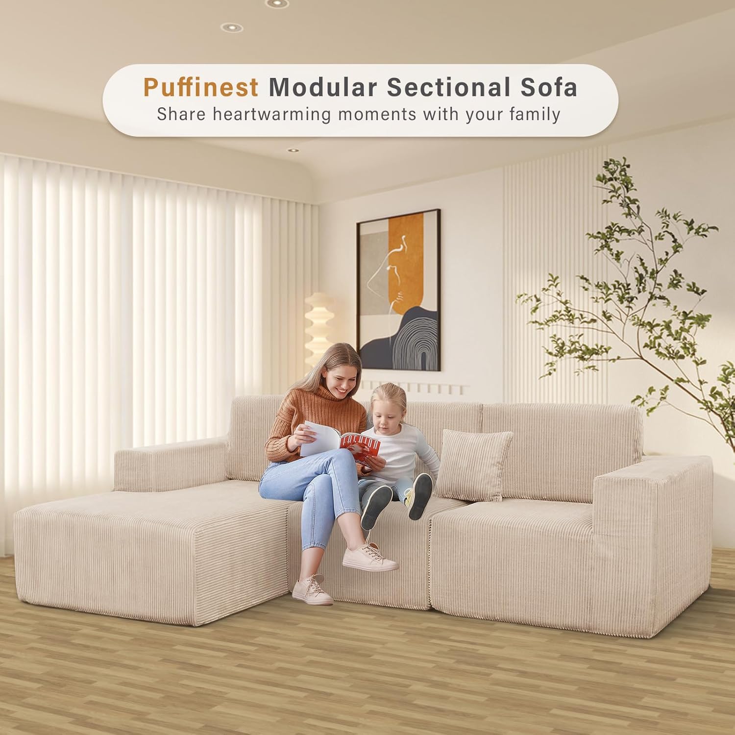 111" Boneless Couches for Living Room 3-Piece Cloud Couch Modular Sectional Deep Seat Compressed Couches for Living Room Bedroom Plush Corduroy Fabric No Assembly Required, Khaki - Image 8