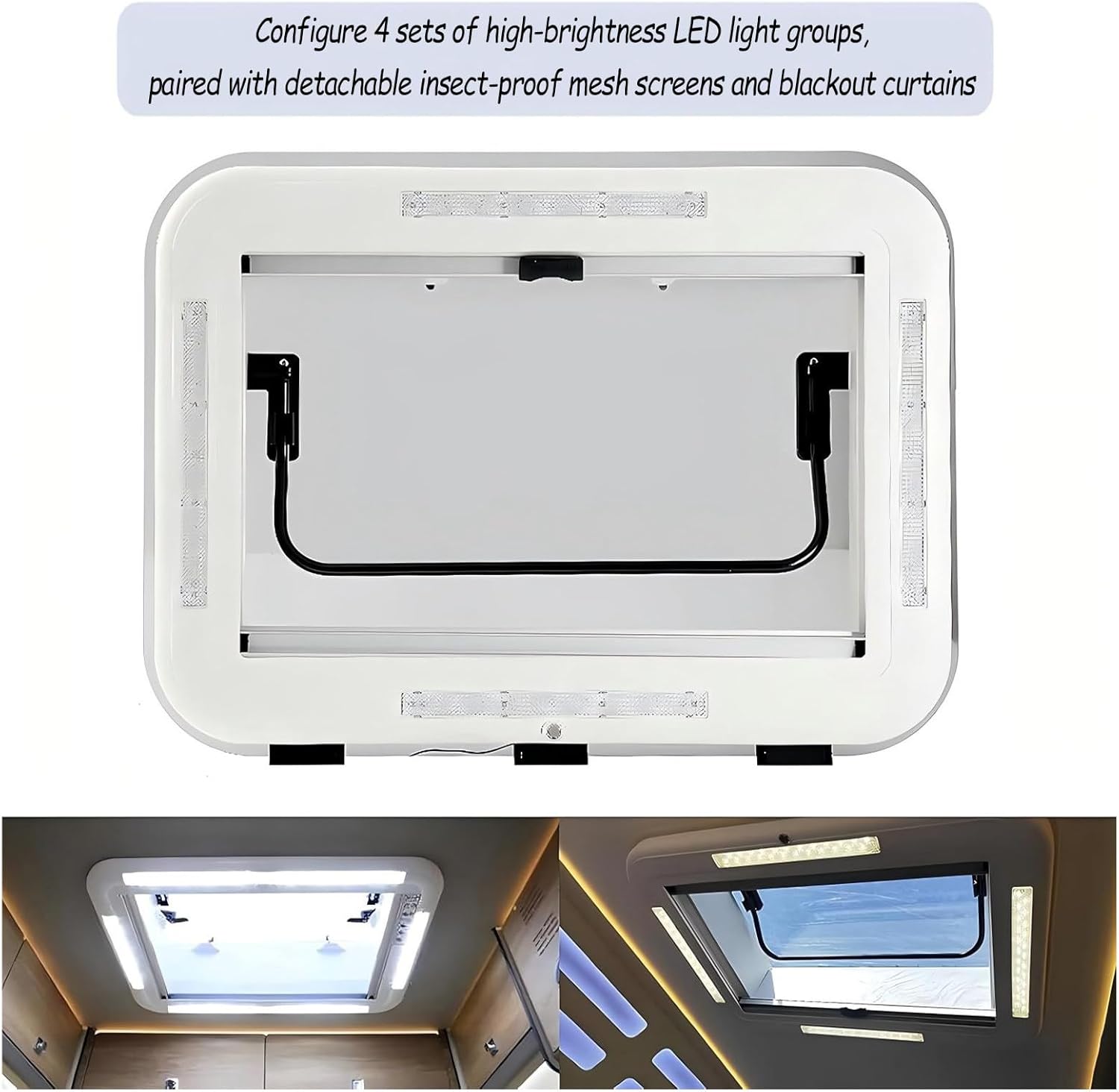 RV Caravan Roof Window Hatch with LED Lights, Aluminum Alloy Frame, RV Caravan Motorhome Skylight Roof Vent Hatch Cut Out, Anti-UV Acrylic Cover 500 * 500mm