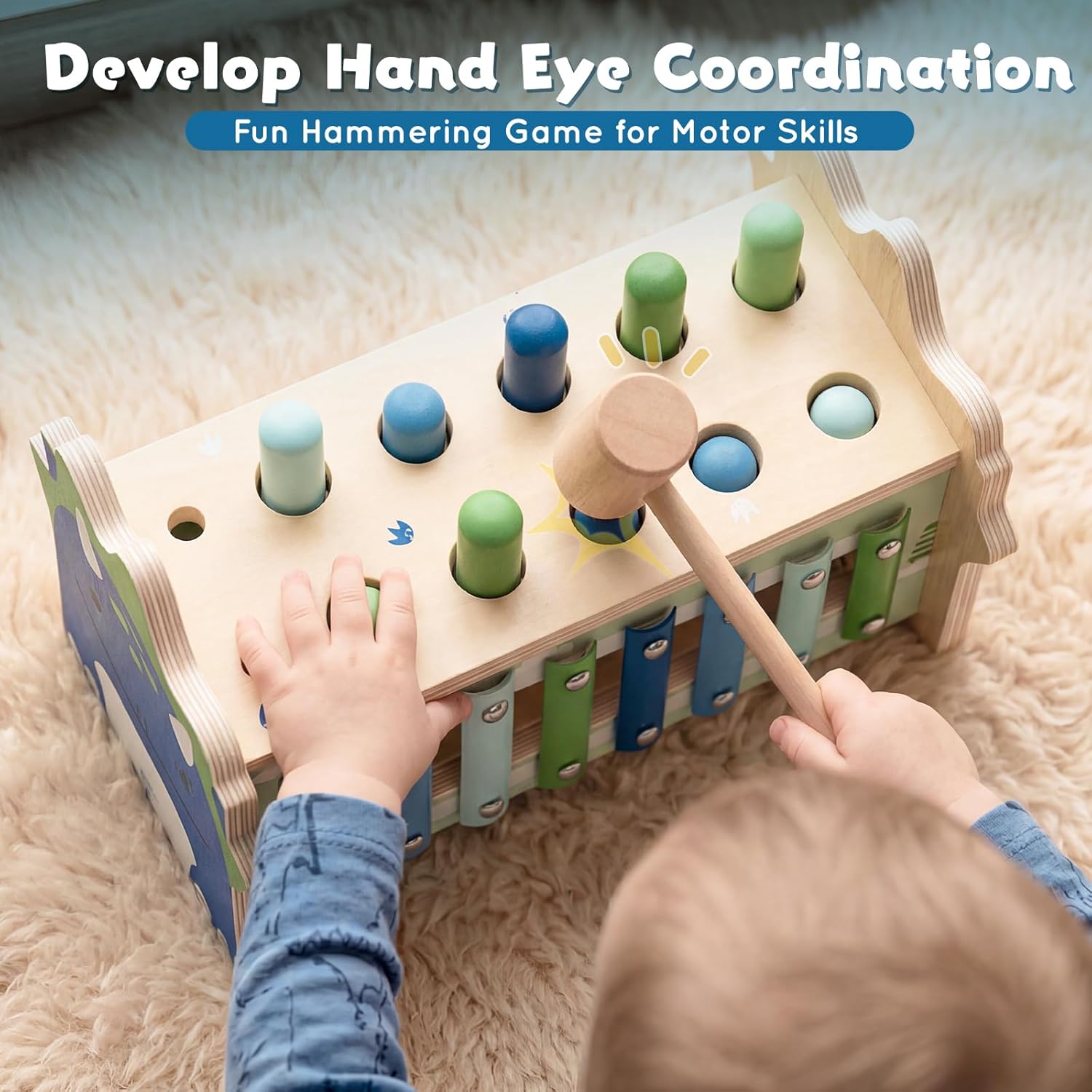 Lehoo Castle Baby Montessori Toys for 1 2 Year Old, Wooden Hammering Pounding Toy with Xylophone, Educational Learning Activities for 1 2 3 Year Old Boys First Christmas Birthday Gifts - Dinosaur